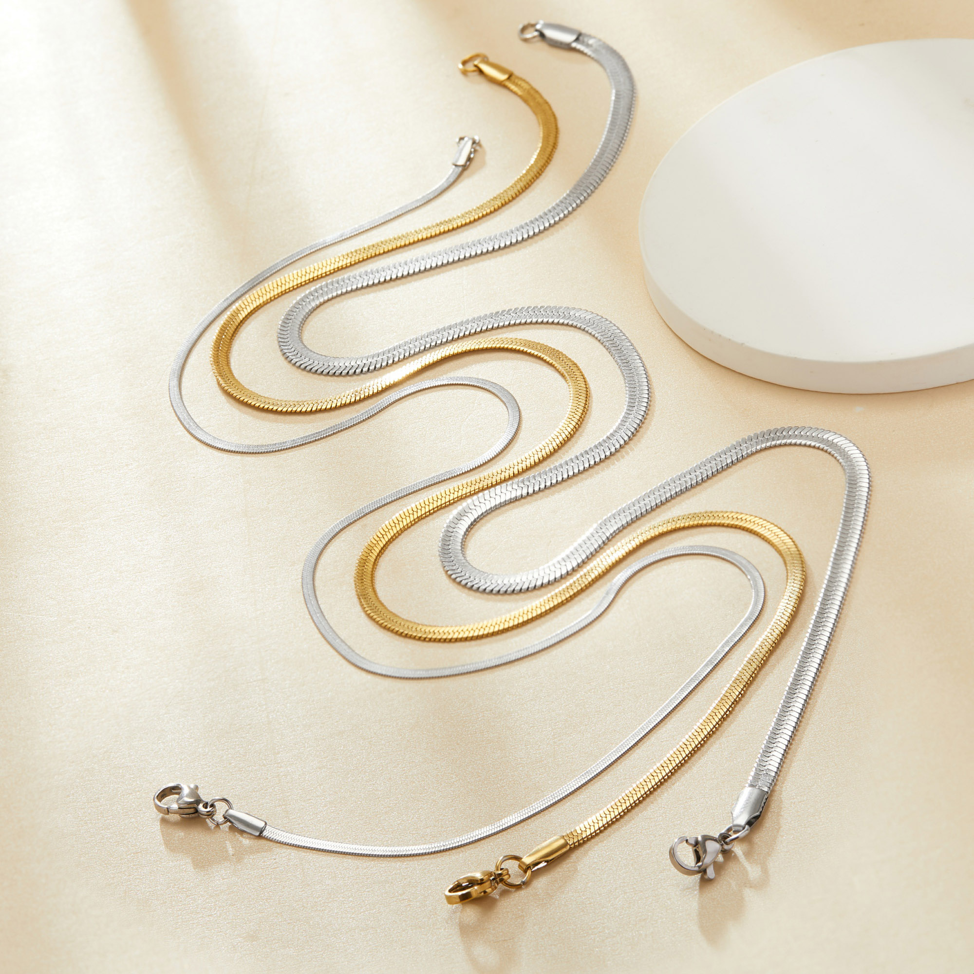 Herringbone Choker Necklace,Flat Snake Layering Necklace,Stainless Steel Gold Plated Necklace Chain,DIY Necklace Supplies 1320054