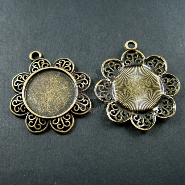 5pcs 20mm setting size vintage style bronze flower round pendant charm bezel base DIY supplies 1411071 - Click Image to Close