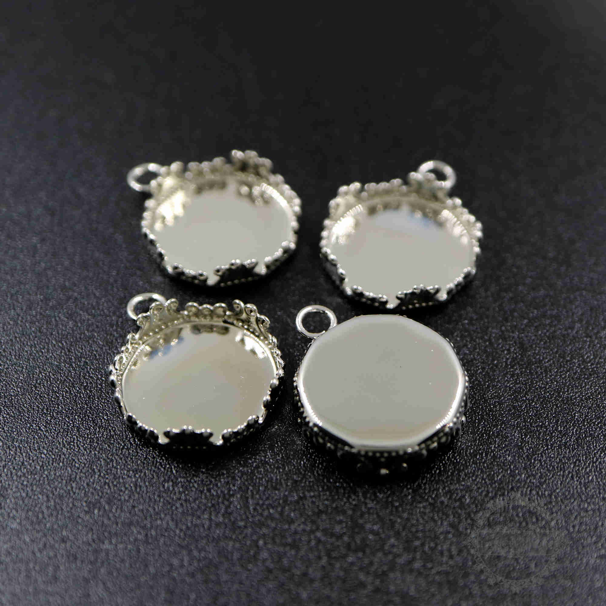 20pcs 15mm crown bezel tray rhodium color brass round pendant charm DIY supplies 1411201 - Click Image to Close