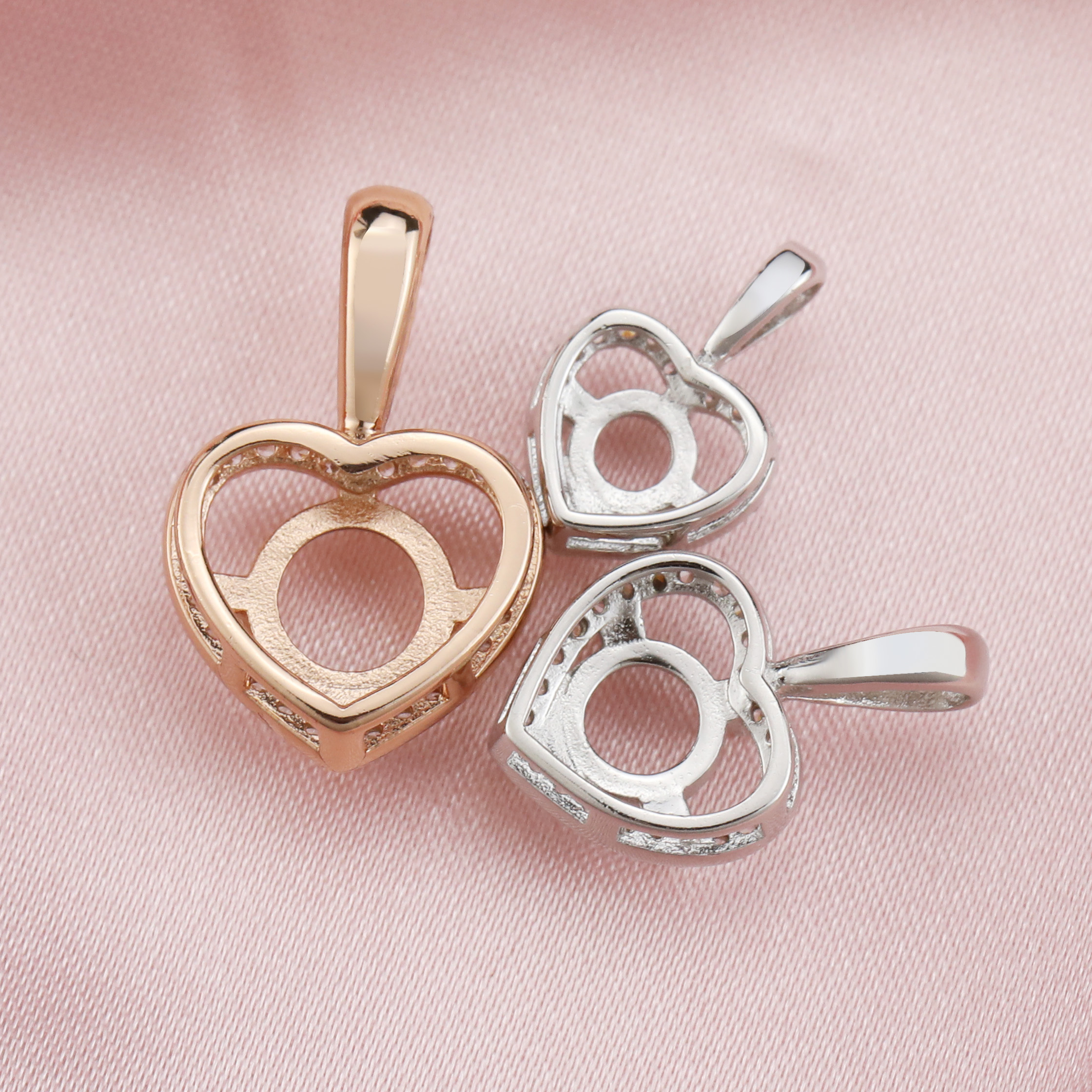 Keepsake Solid 14K Gold Round Prong Heart Pendant Settings for Gemstone with Moissanite Accents DIY Supplies 1411217-1