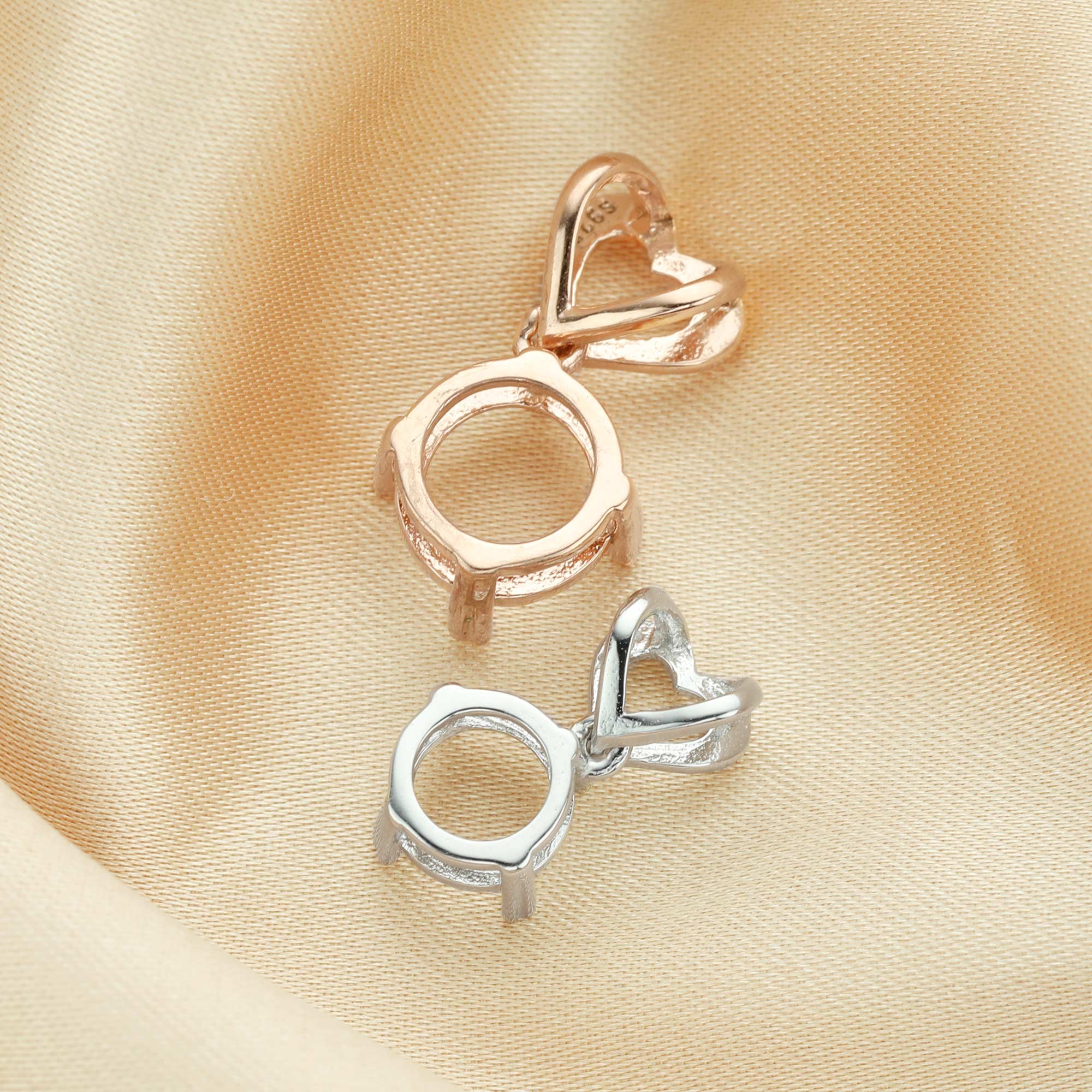 1Pcs 5-9MM Round Pendant Settings Rose Gold Plated Solid 925 Sterling Silver Heart Bail Charm Bezel Tray for Gemstone DIY Supplies 1411260 - Click Image to Close