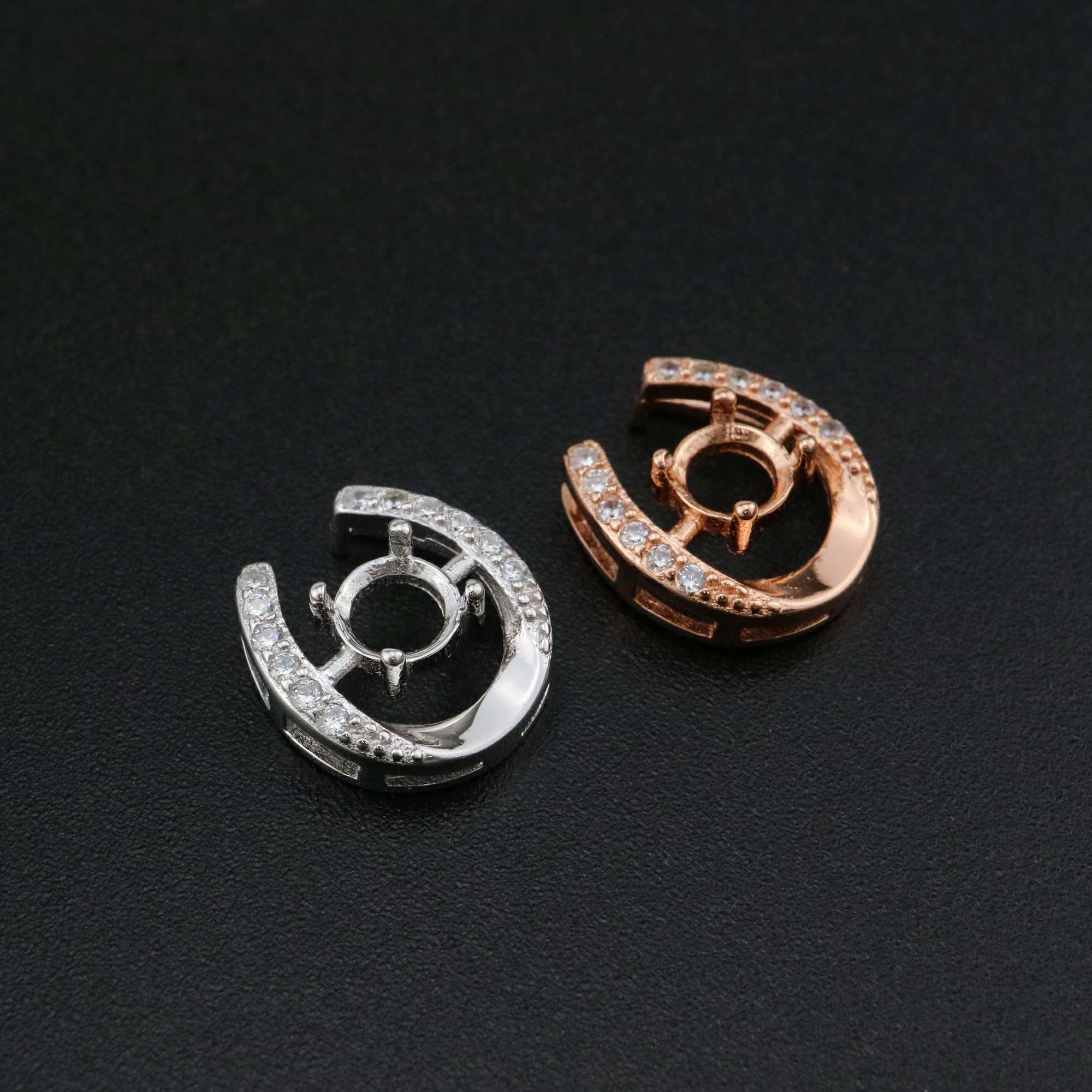 1Pcs 5MM Round Prong Pendant Settings Horseshoe Rose Gold Plated Solid 925 Sterling Silver Charm Bezel Tray DIY Supplies 1411266 - Click Image to Close