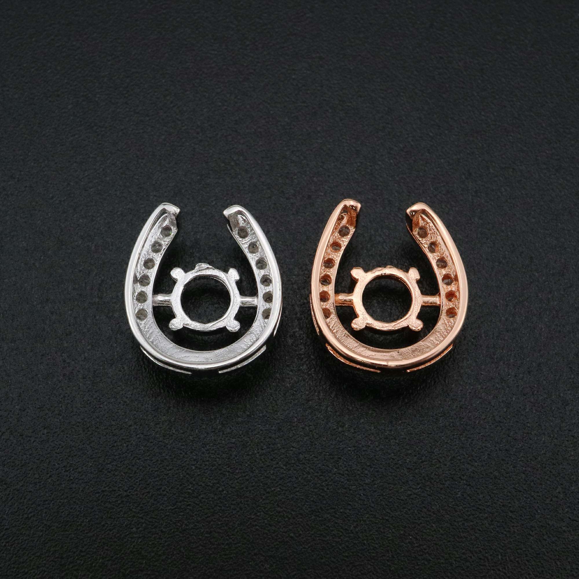 1Pcs 5MM Round Prong Pendant Settings Horseshoe Rose Gold Plated Solid 925 Sterling Silver Charm Bezel Tray DIY Supplies 1411266 - Click Image to Close