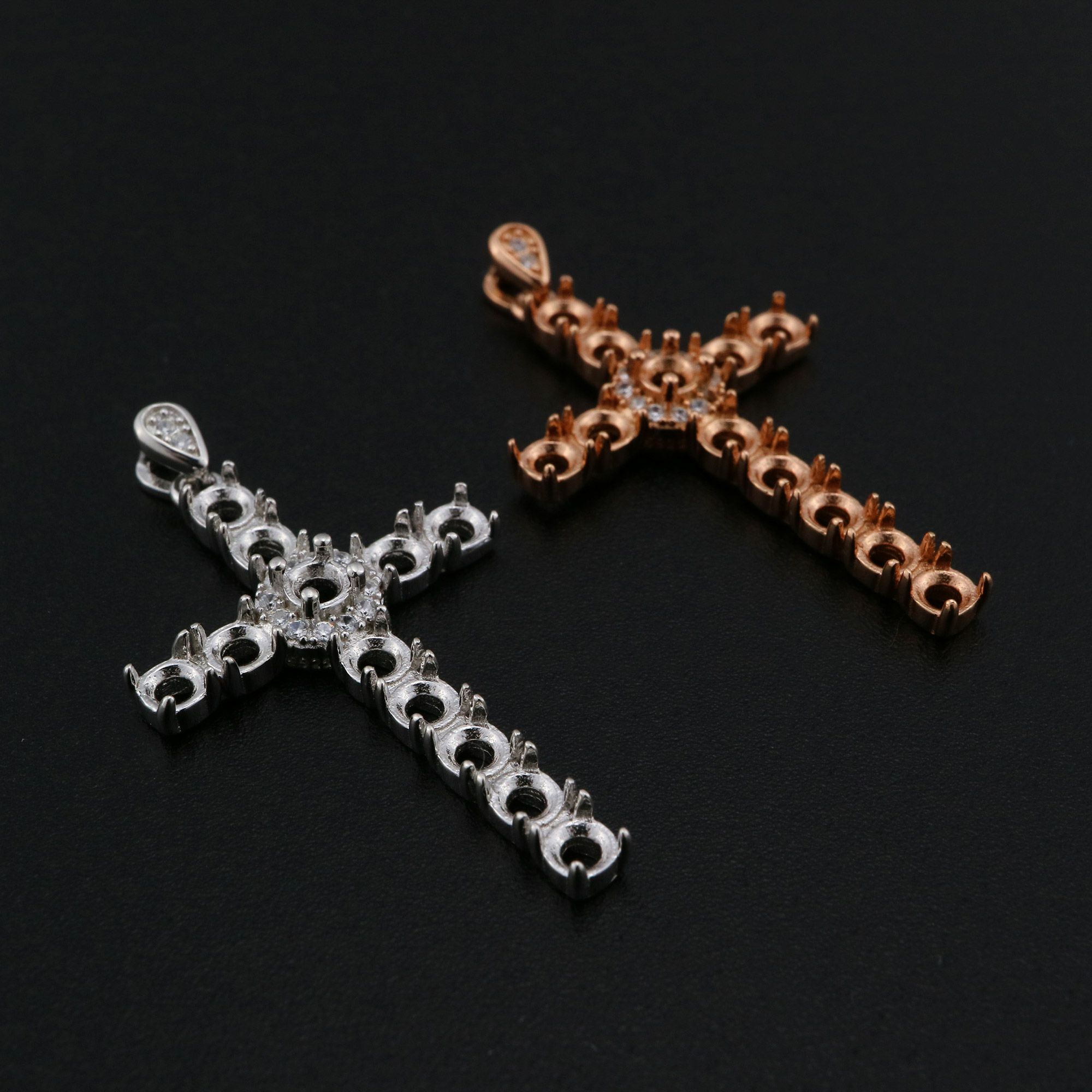 3MM Round Prong Pendant Settings 12 Stones Cross Solid 925 Sterling Silver Rose Gold Plated Charm Bezel DIY Gemstone Supplies 1411279 - Click Image to Close