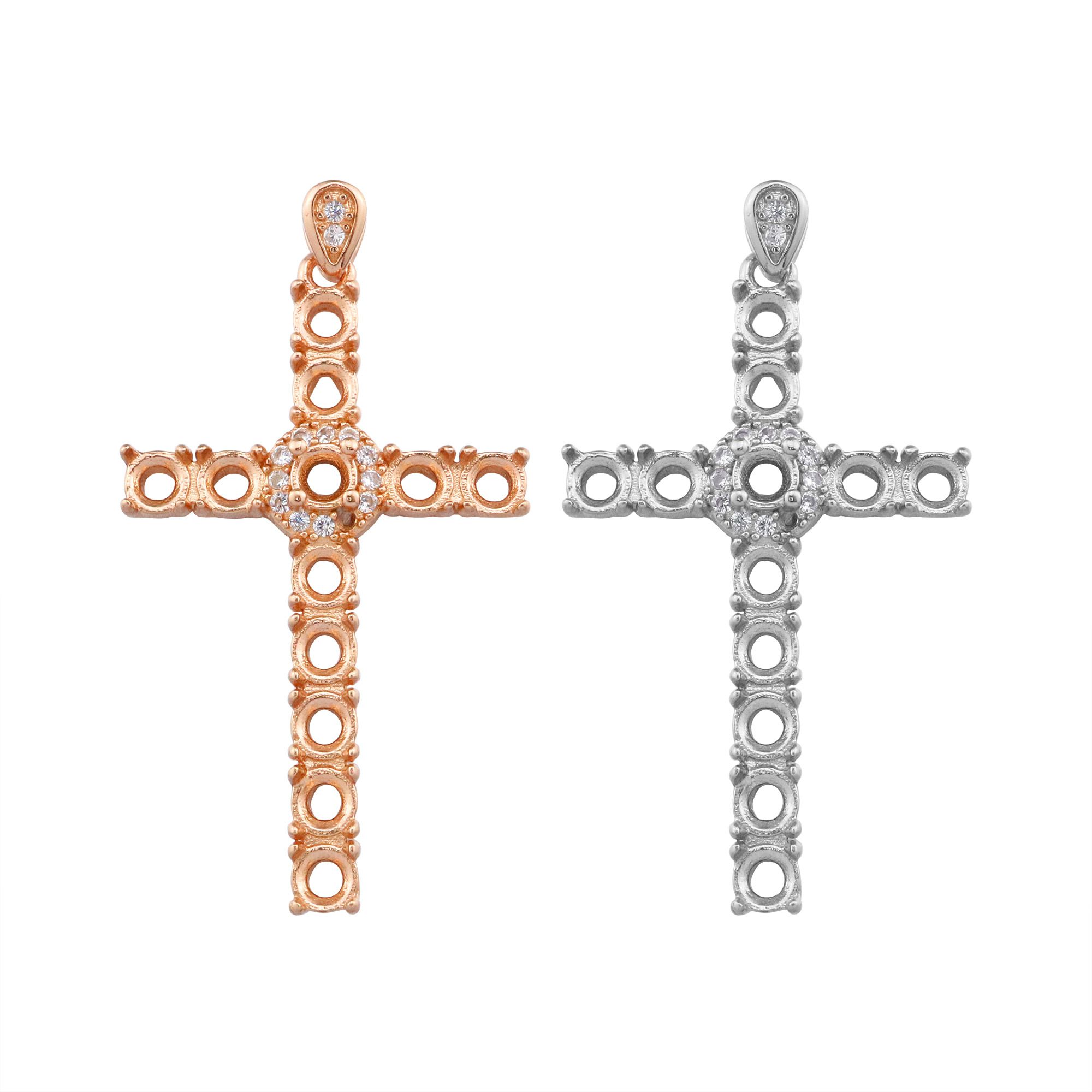 3MM Round Prong Pendant Settings 12 Stones Cross Solid 925 Sterling Silver Rose Gold Plated Charm Bezel DIY Gemstone Supplies 1411279