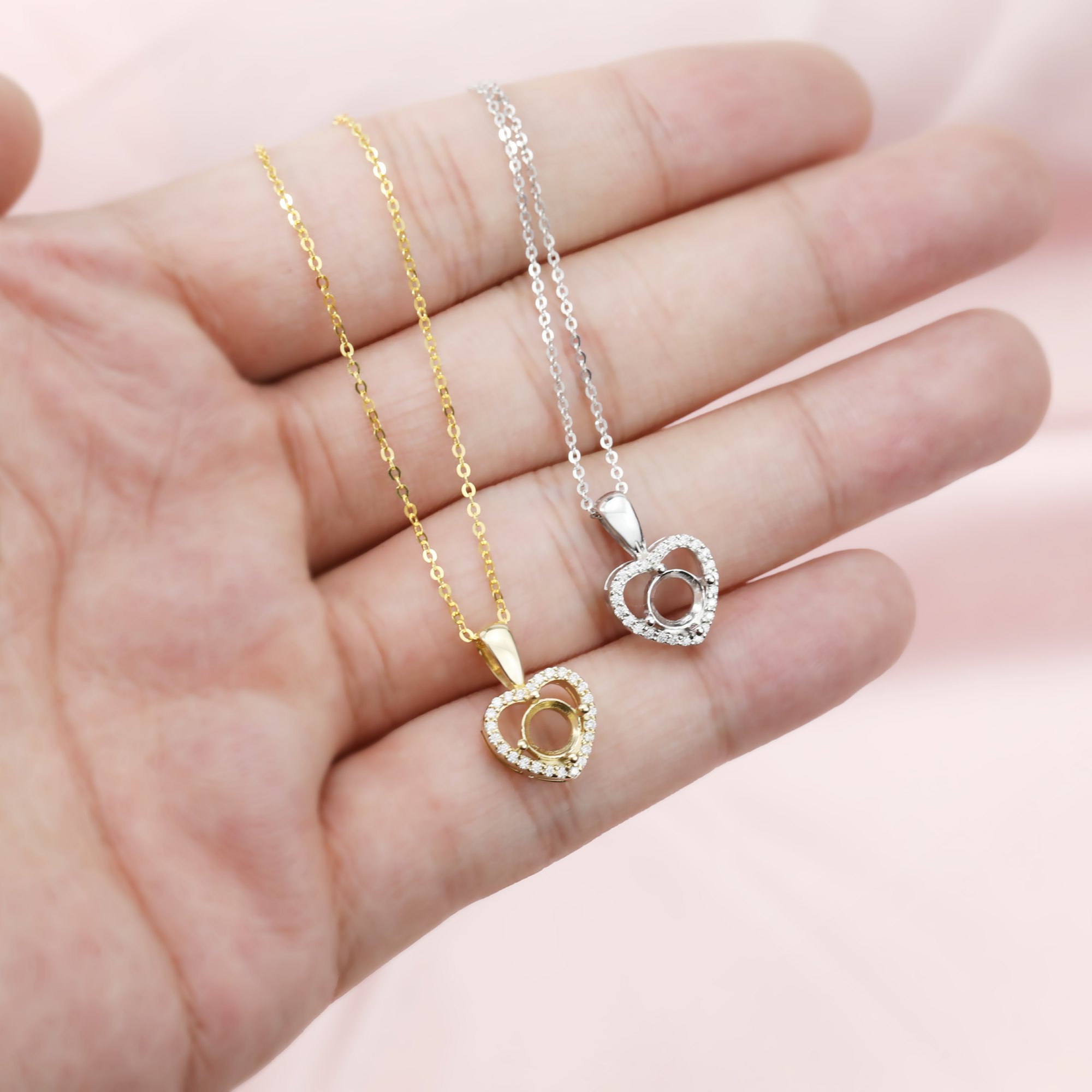 Keepsake Breast Milk Round Halo Heart Prong Pendant Settings Solid 14K Gold Necklace DIY Gemstone Bezel 1411293 - Click Image to Close