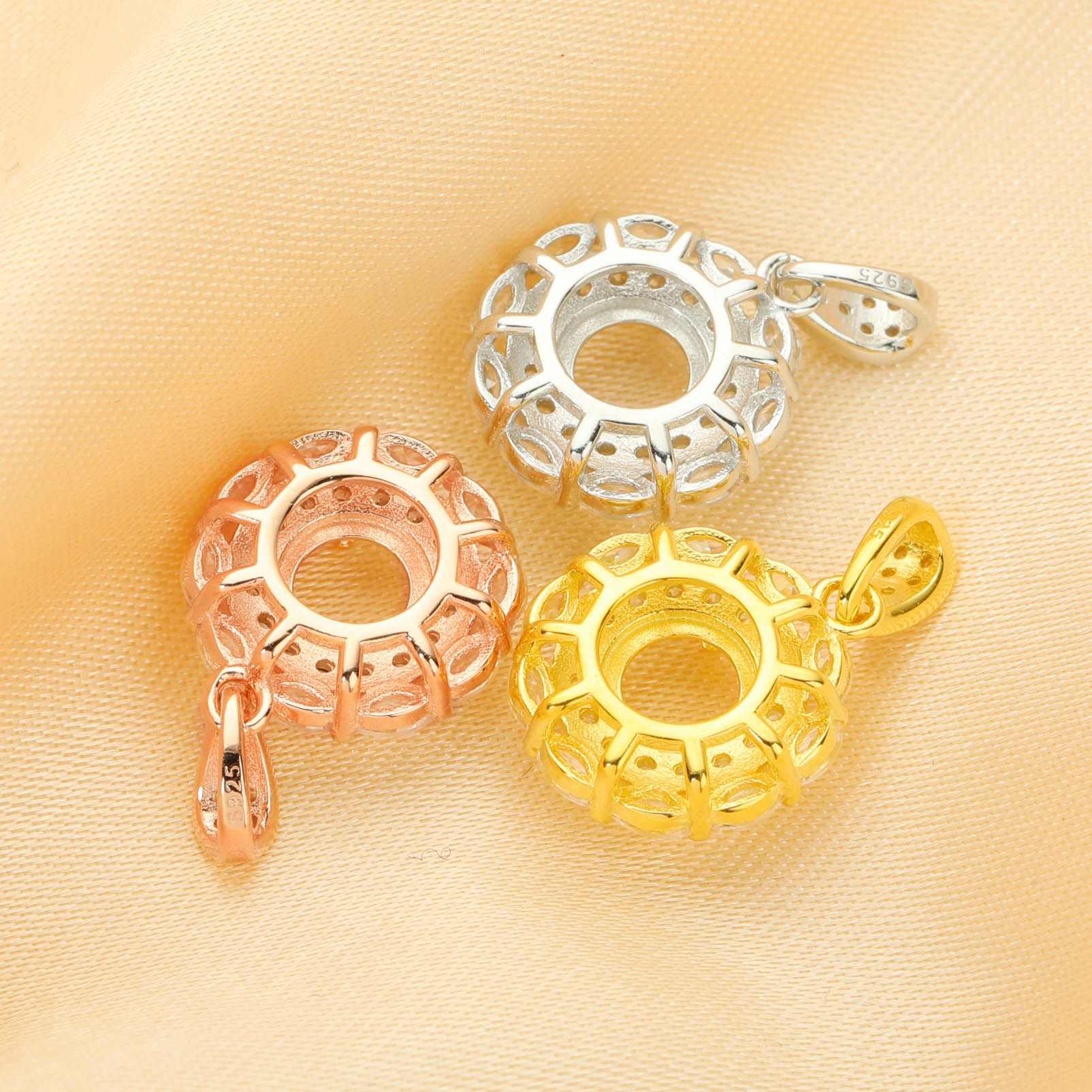 6MM Round Prong Pendant Settings,Flower Solid 925 Sterling Silver Rose Gold Plated Pendant Charm,Double Halo Flower CZ Stone Pendant 1411348 - Click Image to Close