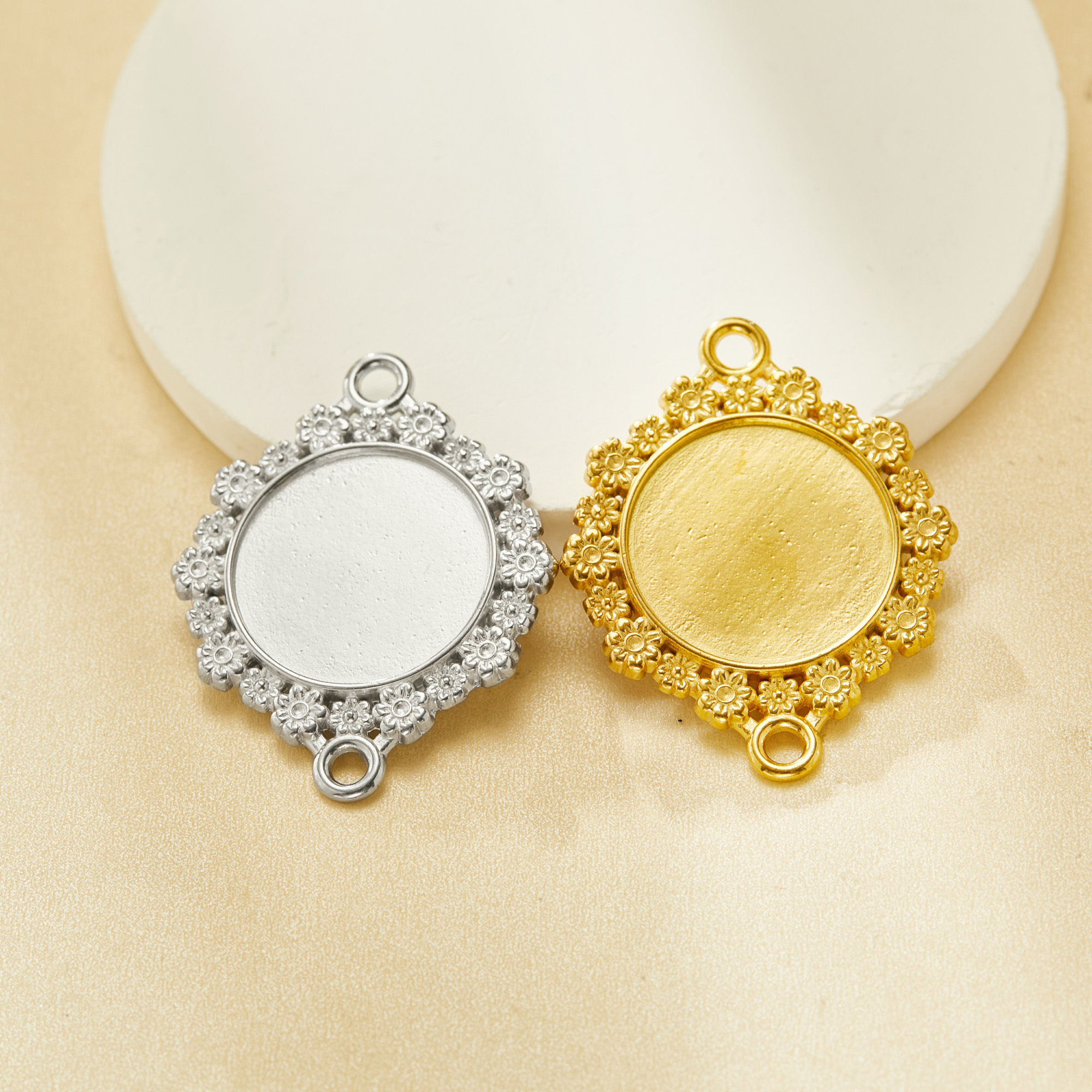 Keepsake Breastmilk Stainless Steel Round Bezel Pendant With Two Loops,Flower Art Deco Round Pendant Charm,Silver Gold Pendant,DIY Pendant Supplies 1411442 - Click Image to Close