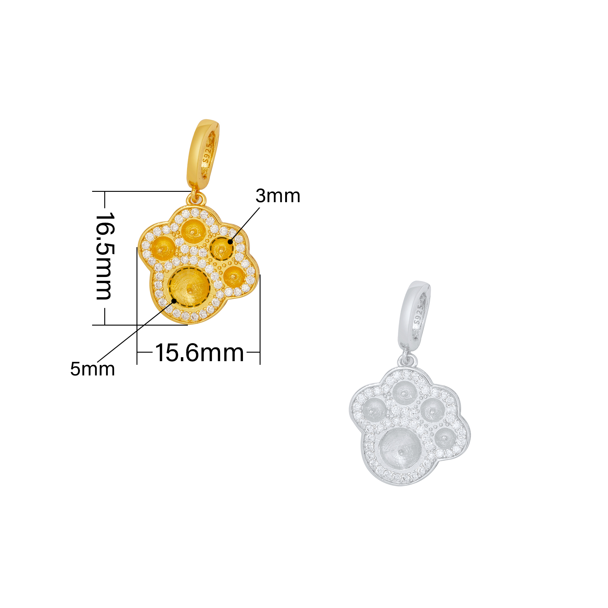Keepsake Breast Milk Resin Round Bezel Dog Paw Pendant Settings,Solid 925 Sterling Silver Gold Plated Charm Pin for 3-4MM 6-7MM Half Drilled Beads Pearl,DIY Pendant Supplies 1411451 - Click Image to Close