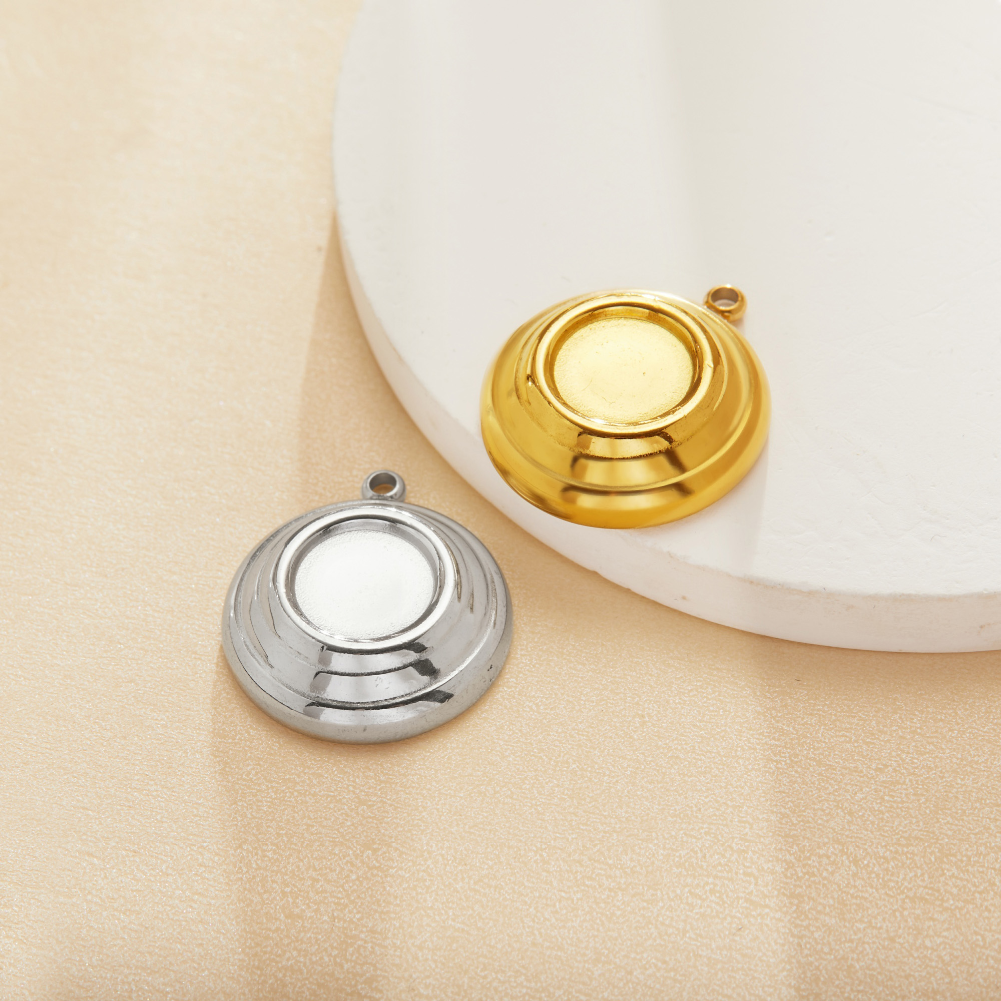9MM Round Bezel Stainless Steel Pendant Settings,Yellow Gold Silver Round Pendant Charm,DIY Pendant Blank Supplies 1411471