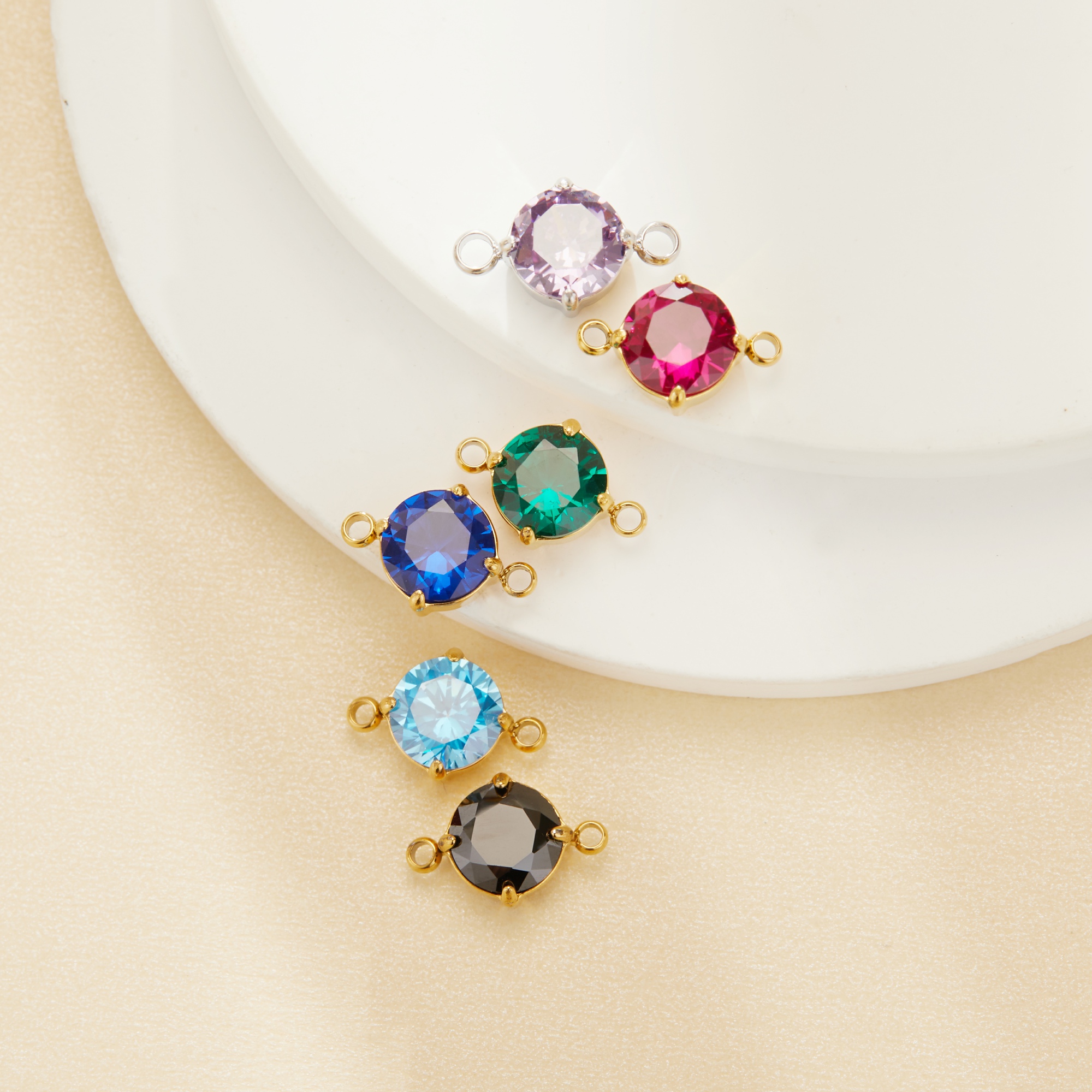 6MM Stone Two Loops Round CZ Birthstone Pendant Charm,Color Stone Stainless Steel Minimalist Pendant Charm,DIY Pendant Supplies 1411480