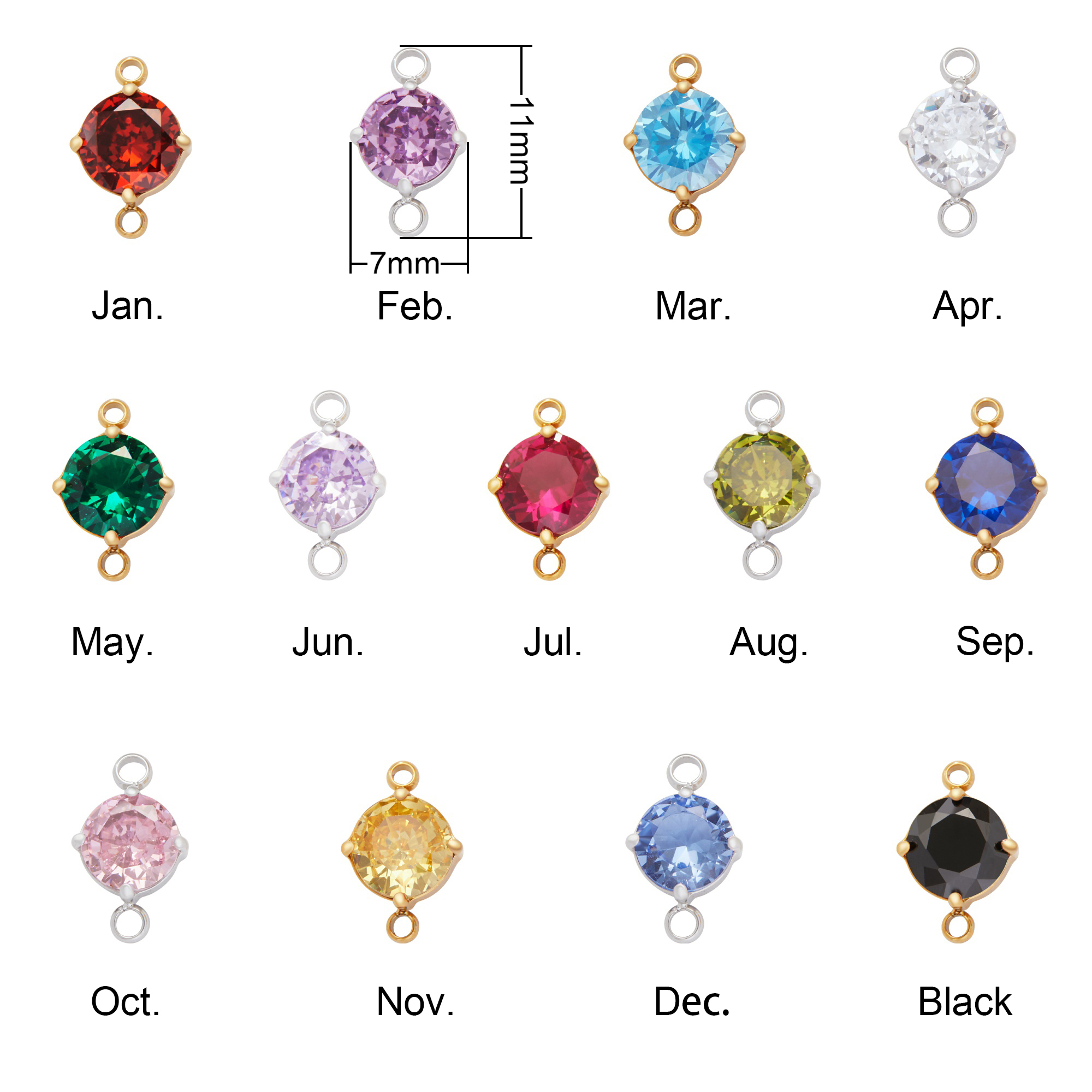 6MM Stone Two Loops Round CZ Birthstone Pendant Charm,Color Stone Stainless Steel Minimalist Pendant Charm,DIY Pendant Supplies 1411480