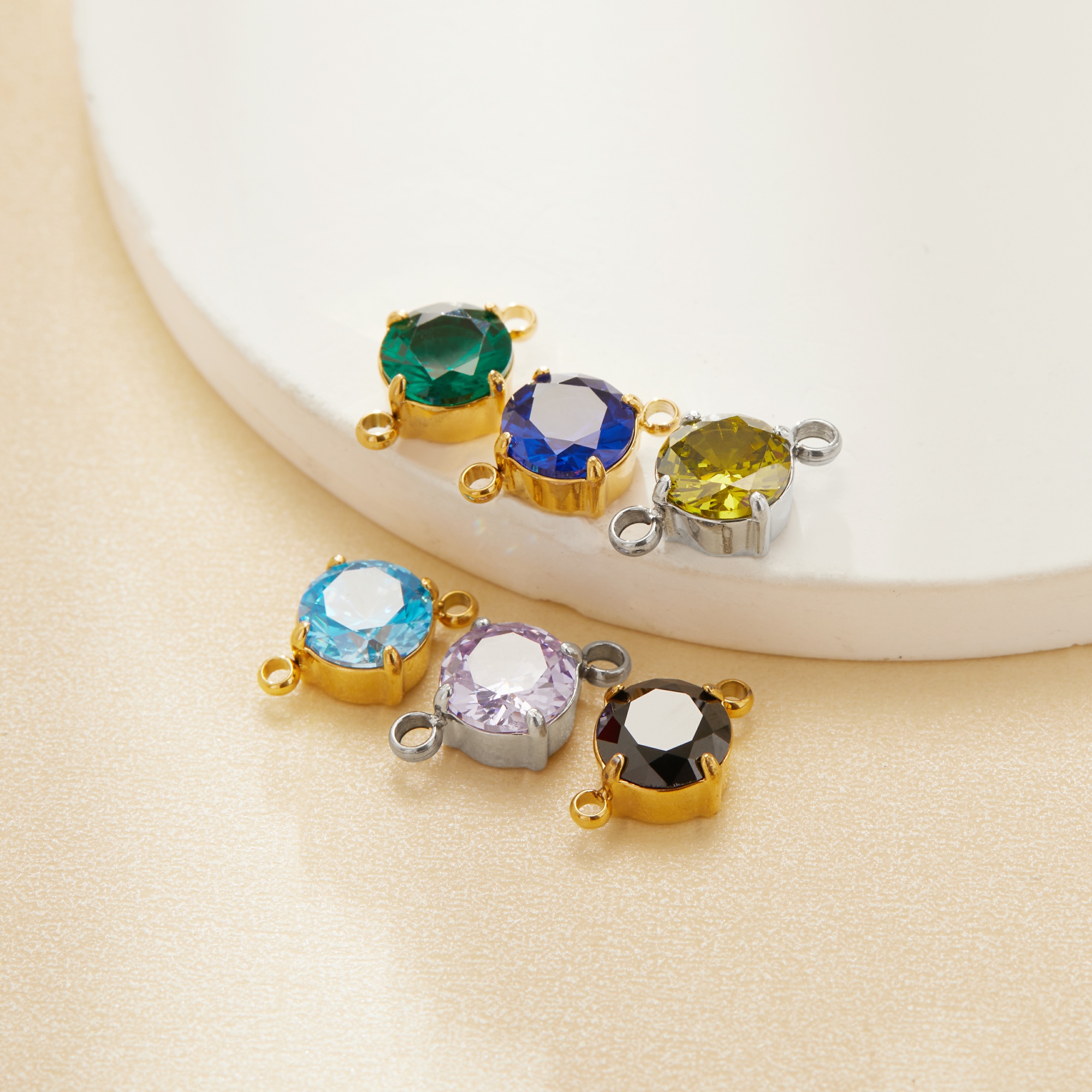 6MM Stone Two Loops Round CZ Birthstone Pendant Charm,Color Stone Stainless Steel Minimalist Pendant Charm,DIY Pendant Supplies 1411480