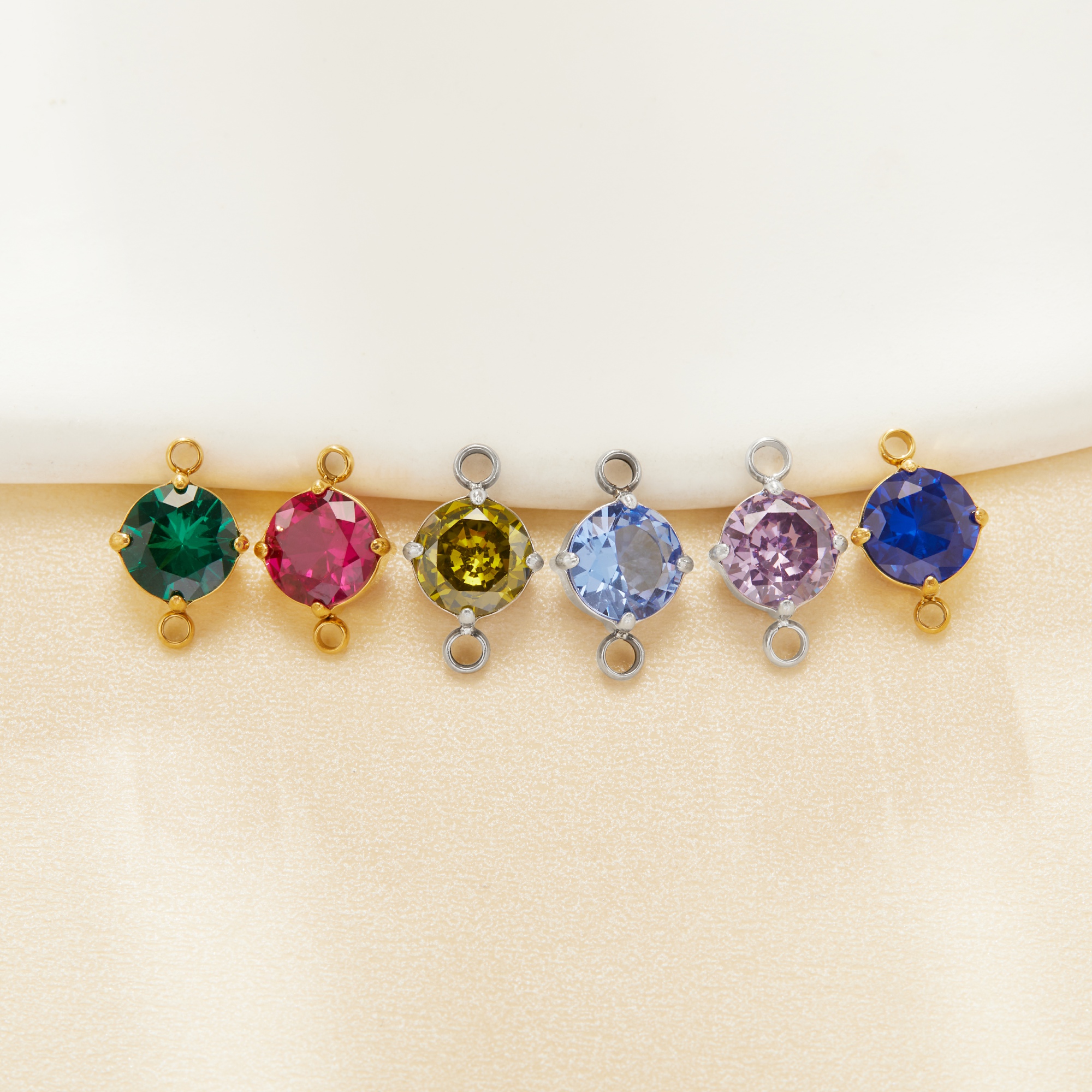 6MM Stone Two Loops Round CZ Birthstone Pendant Charm,Color Stone Stainless Steel Minimalist Pendant Charm,DIY Pendant Supplies 1411480