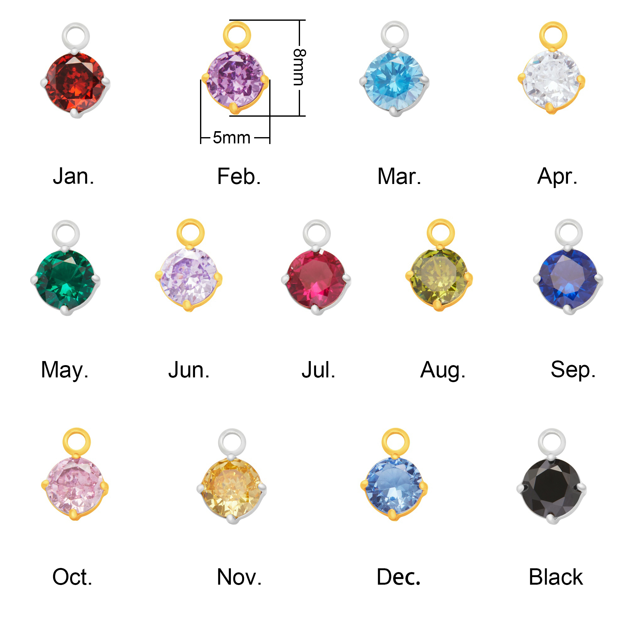 4MM Stone Simple Round CZ Birthstone Pendant Charm,Color Stone Stainless Steel Minimalist Pendant Charm,DIY Pendant Charm Supplies 1411481