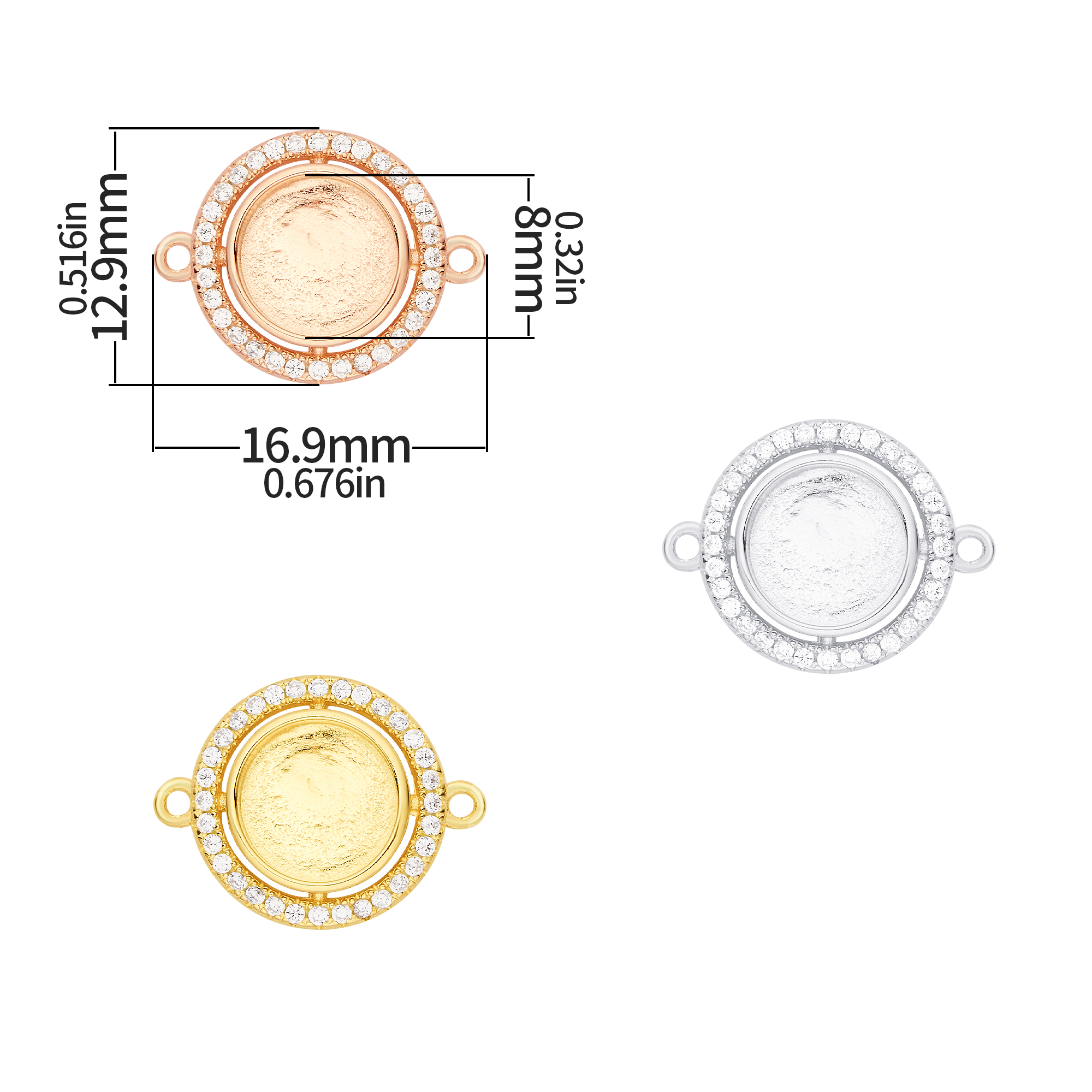 8MM Keepsake Breast Milk Resin Halo Round Bezel Pendant Settings With Two Loops,Solid 925 Sterling Silver Rose Gold Plated Pendant Charm,DIY Pendant Supplies 1411487