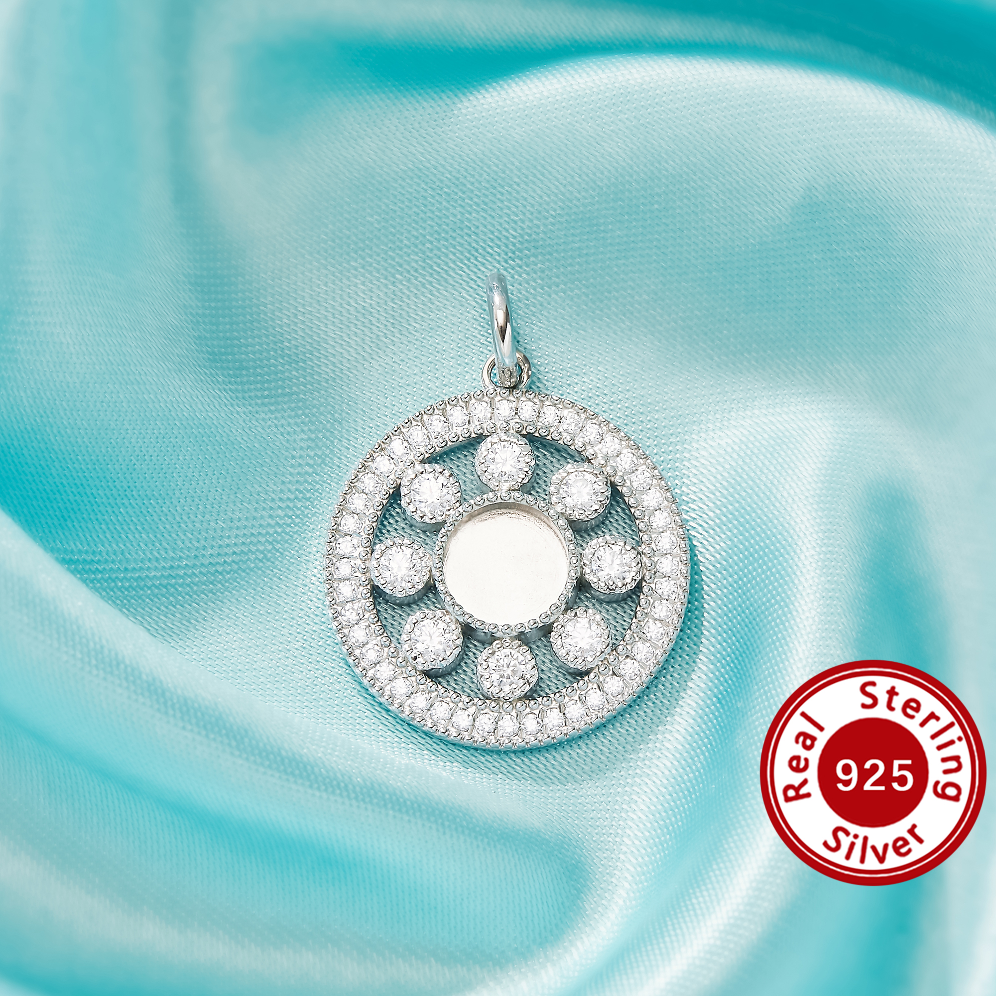 6MM Keepsake Mother Milk Resin Halo Round Bezel Pendant Blank Settings,Solid 925 Sterling Silver Charm,Halo Pave CZ Stone Pendant 1411523-1