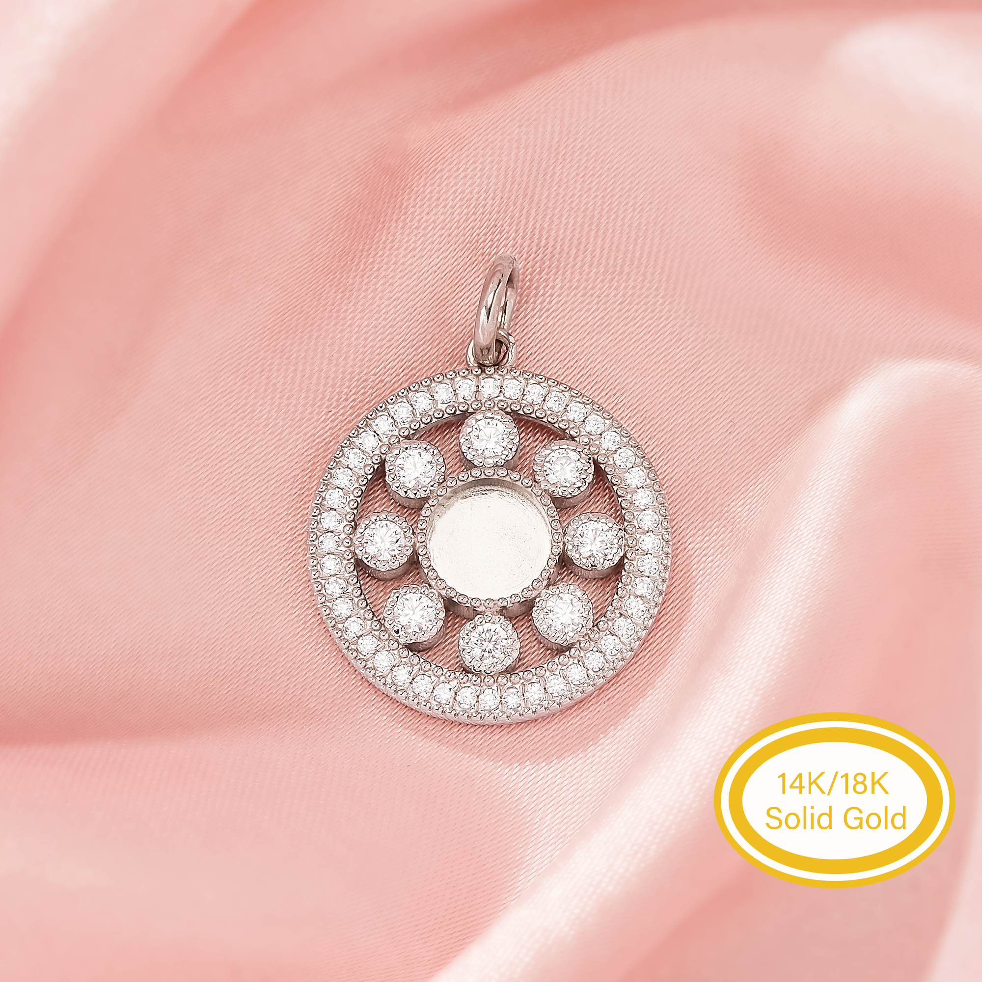 6MM Keepsake Mother Milk Resin Halo Round Bezel Pendant Blank Settings,Solid 14K 18K Gold Charm Pendant 1411523