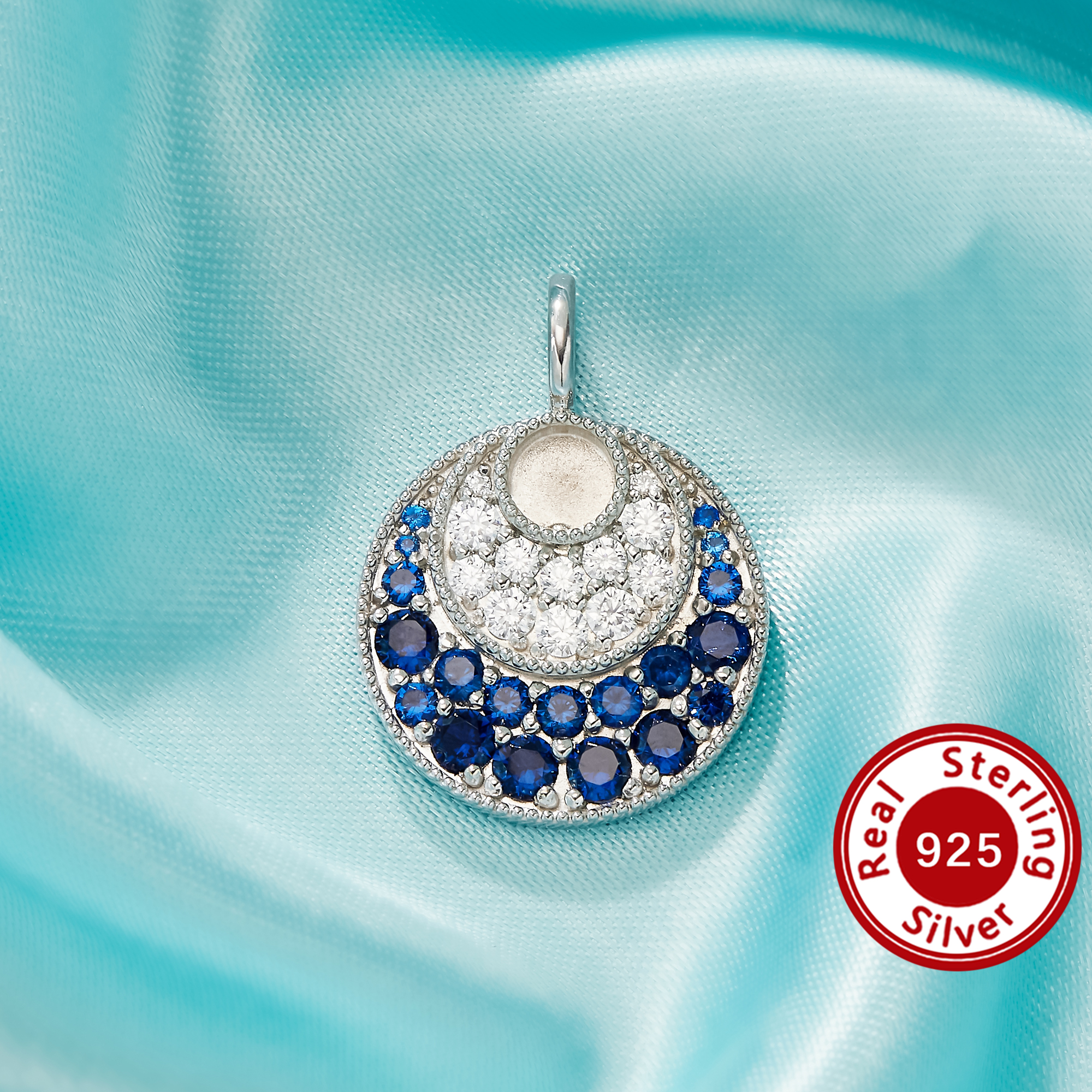 4MM Keepsake Mother Milk Resin Round Pendant Bezel Settings,Full Moon Circle Solid 925 Sterling Silver Charm,Pave CZ Stone Pendant 1411524-1