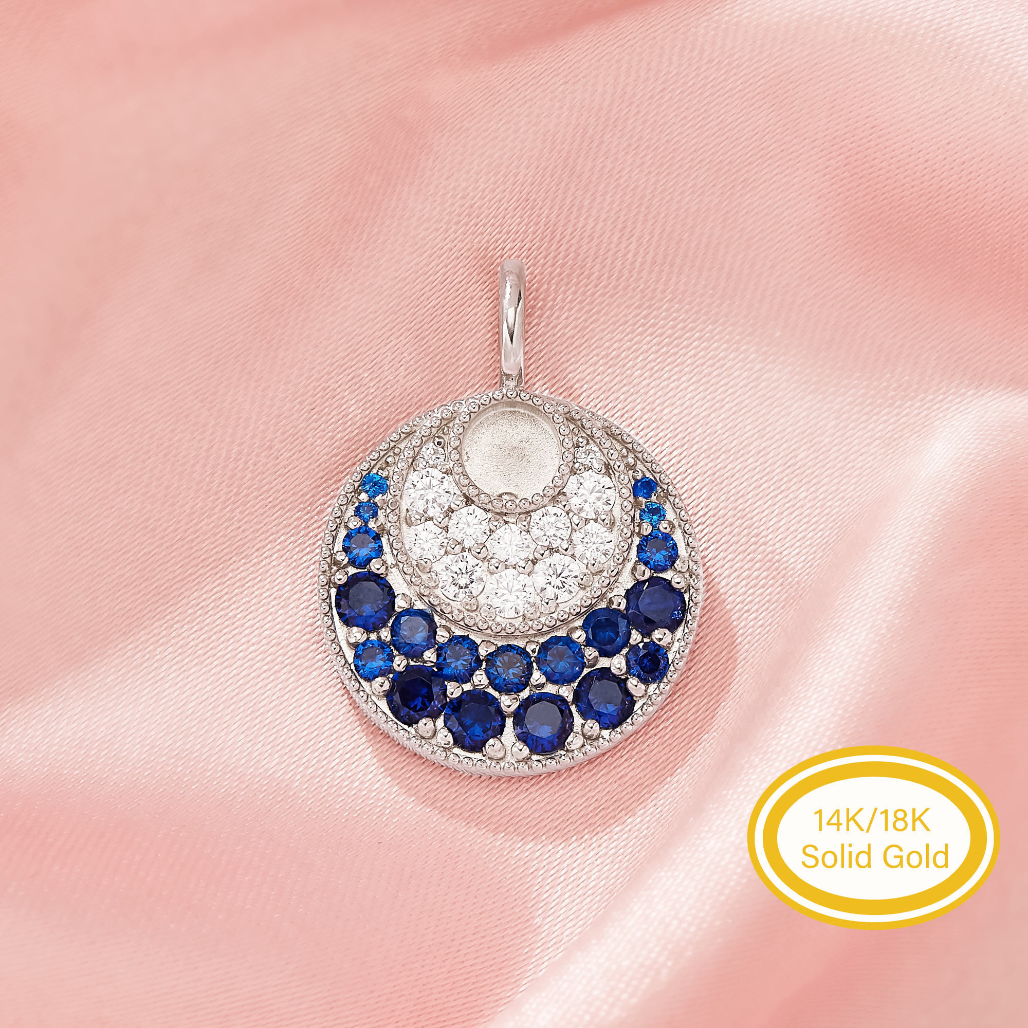 4MM Keepsake Mother Milk Resin Round Pendant Bezel Settings,Full Moon Circle Solid 14K 18K Gold DIY Charm,Pave Lab Sapphire Stone Pendant 1411524
