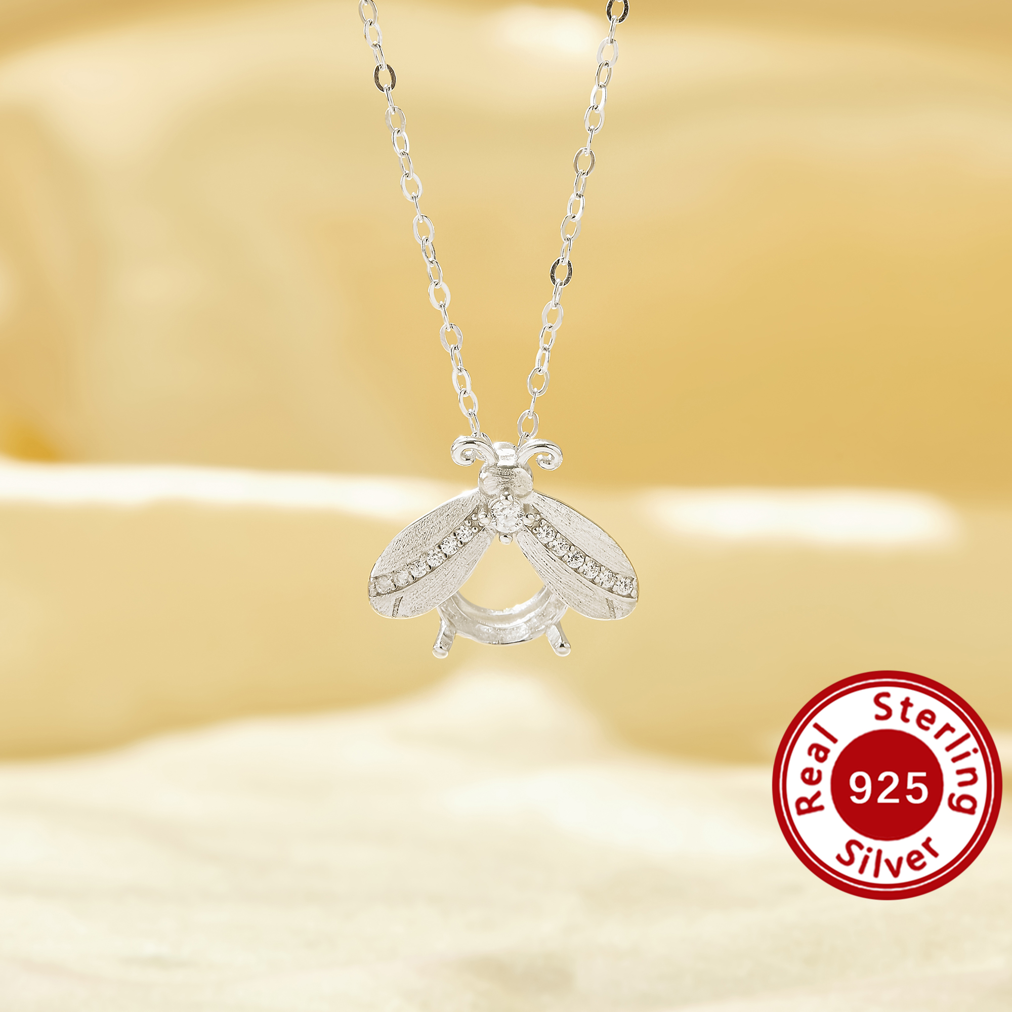 8mm Bee Pendant Blank Solid 925 Sterling Silver Semi Mount Necklace Setting Base Fit Gemstone Custom Jewelry Making For Women Birthday Gift 16''+2''1411544