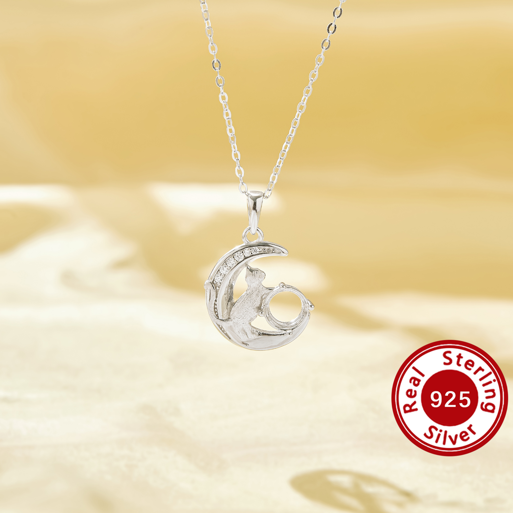 6mm Cat Moon Pendant Blank Solid 925 Sterling Silver Semi Mount Necklace Setting Base Fit Gemstone Custom Jewelry Making DIY Findings 16''+2'' 1411545