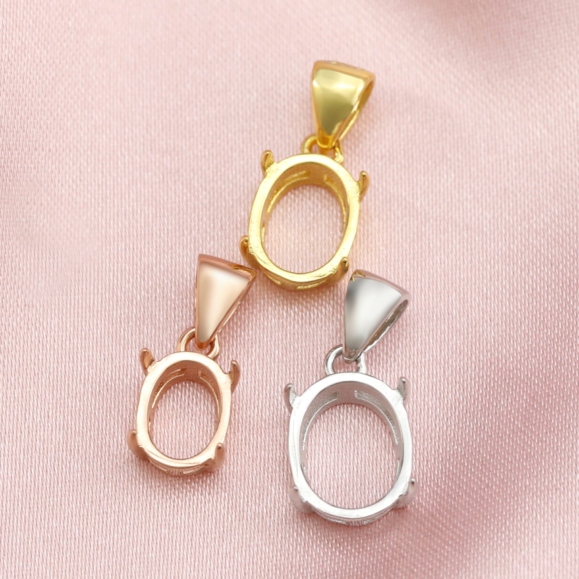 Oval Prong Pendant Settings for Flat Back Cabochon Solid 14K/18K Gold Bezel Simple Charm DIY Jewelry Supplies 1421105-1