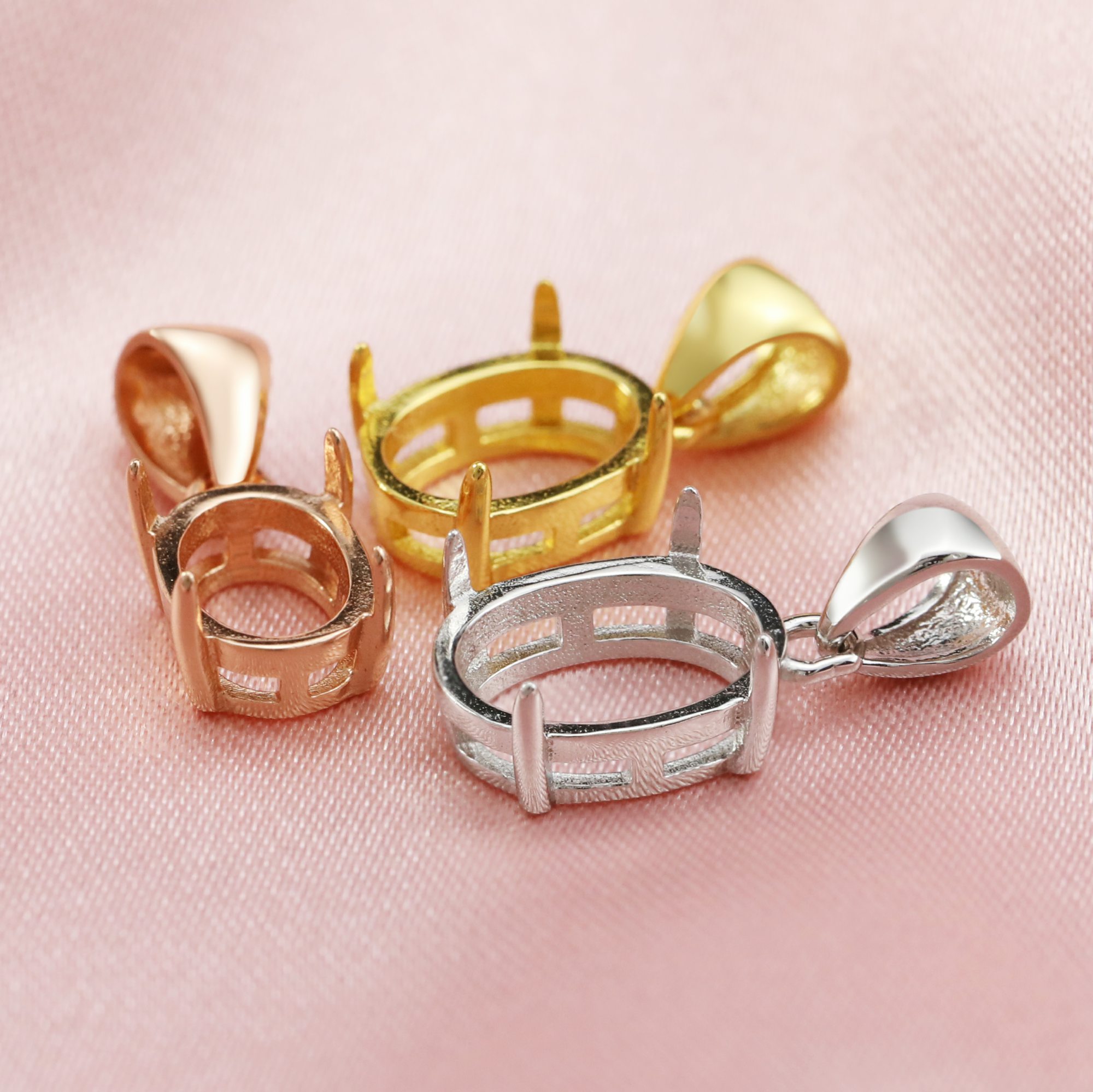 Oval Prong Pendant Settings for Flat Back Cabochon Solid 14K/18K Gold Bezel Simple Charm DIY Jewelry Supplies 1421105-1