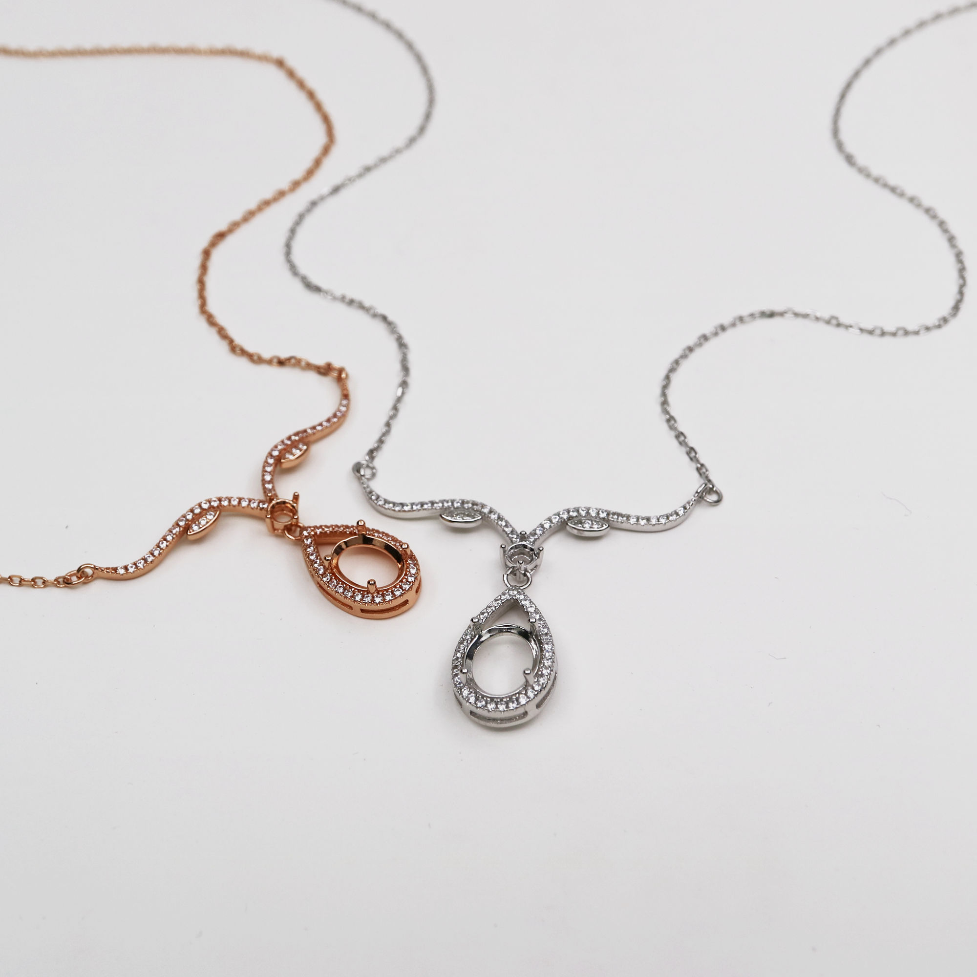 1Pcs Multiple Size Solid 925 Sterling Silver Rose Gold Oval Gemstone Diamond Prong Bezel Settings DIY Pendant Necklace 16''+2''1421108