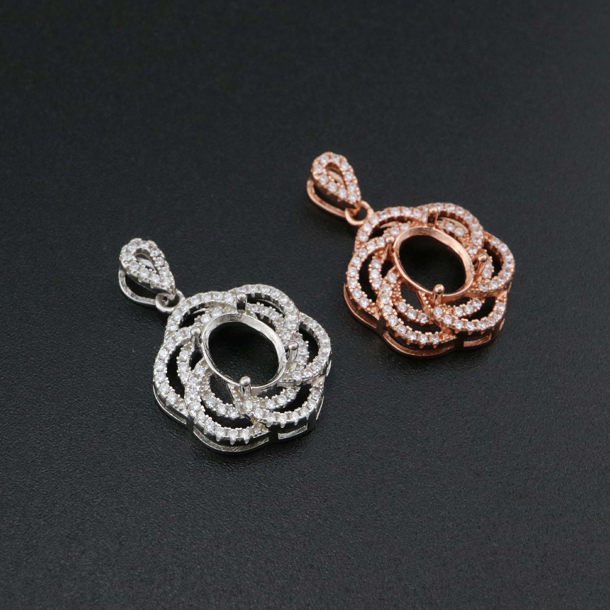 1Pcs 7x9MM Oval Prong Pendant Settings Flower Pave Rose Gold Plated Solid 925 Sterling Silver Charm Bezel Tray DIY Supplies for Gemstone 1421135 - Click Image to Close