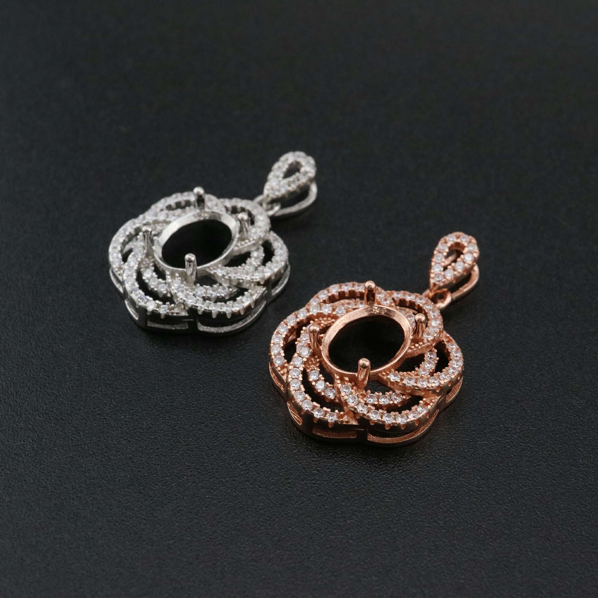 1Pcs 7x9MM Oval Prong Pendant Settings Flower Pave Rose Gold Plated Solid 925 Sterling Silver Charm Bezel Tray DIY Supplies for Gemstone 1421135 - Click Image to Close