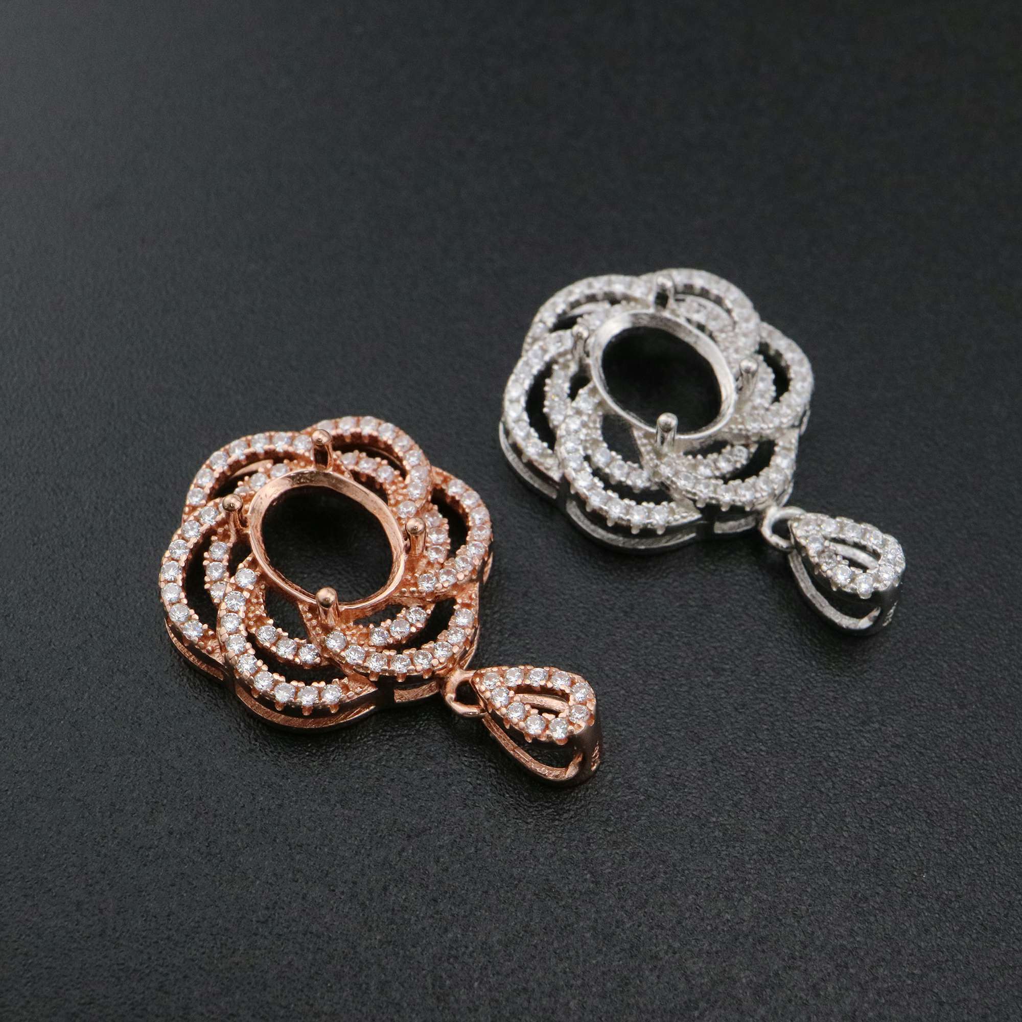 1Pcs 7x9MM Oval Prong Pendant Settings Flower Pave Rose Gold Plated Solid 925 Sterling Silver Charm Bezel Tray DIY Supplies for Gemstone 1421135 - Click Image to Close