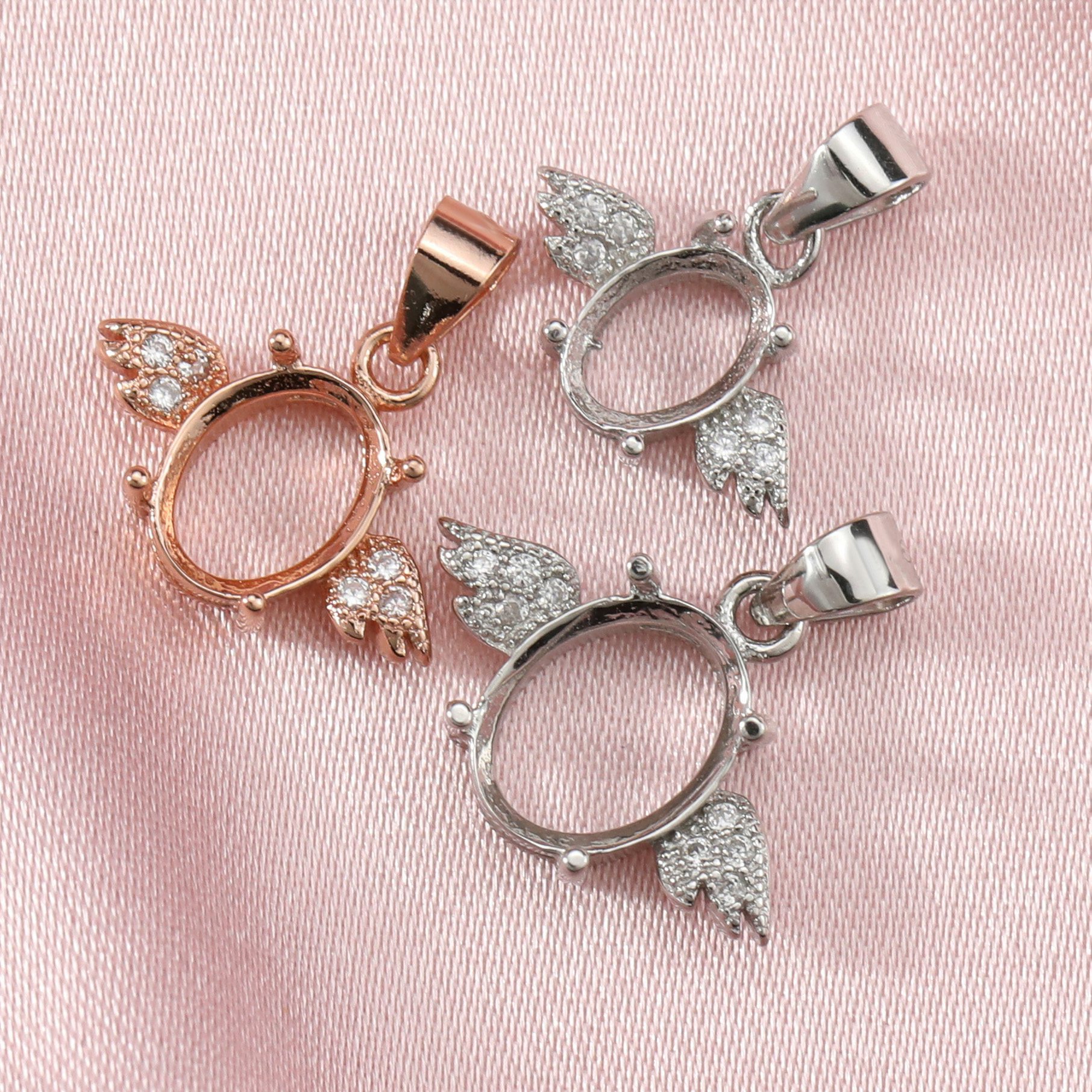 Keepsake Breast Milk Solid 14K Gold Oval Prong Pendant Settings Angel Wings Gemstone with Moissanite Accents DIY Supplies 1421155-1