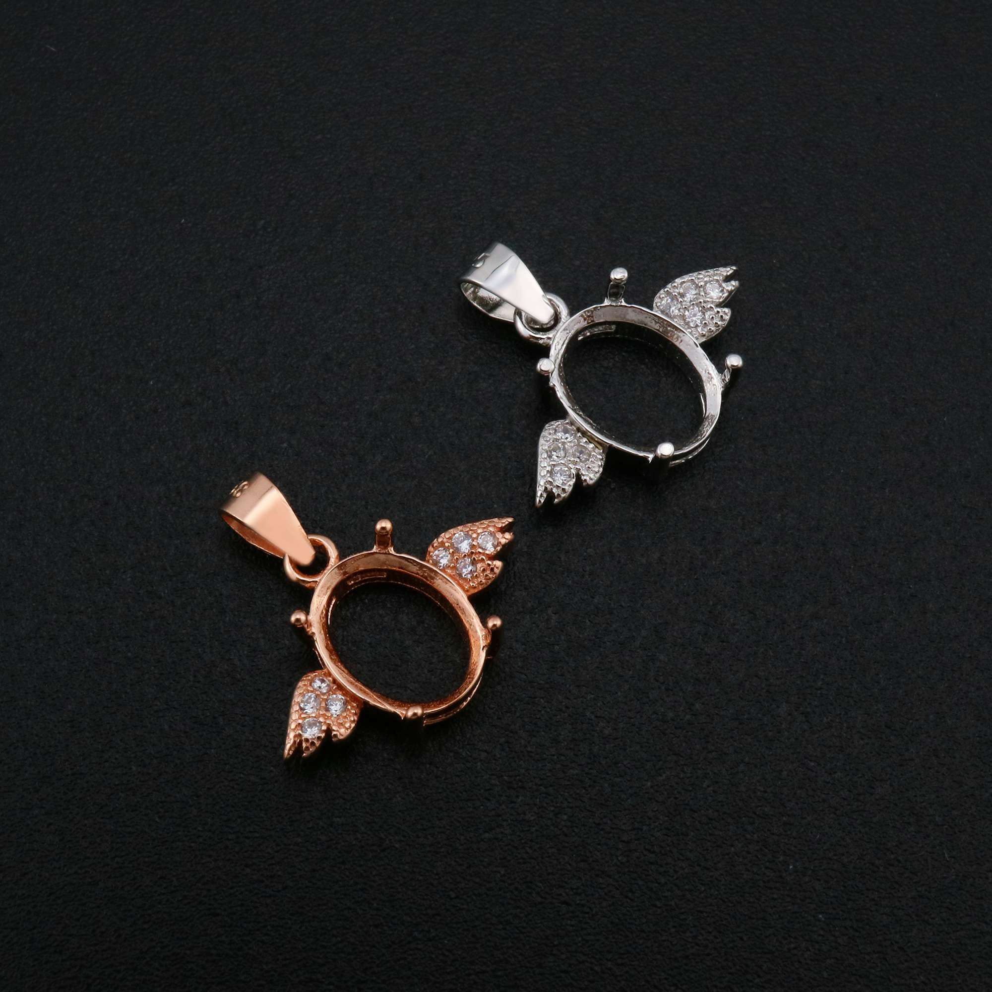 Oval Prong Settings Angel Wing Pendant Rose Gold Plated Solid 925 Sterling Silver Bezel for Gemstone 1421155 - Click Image to Close