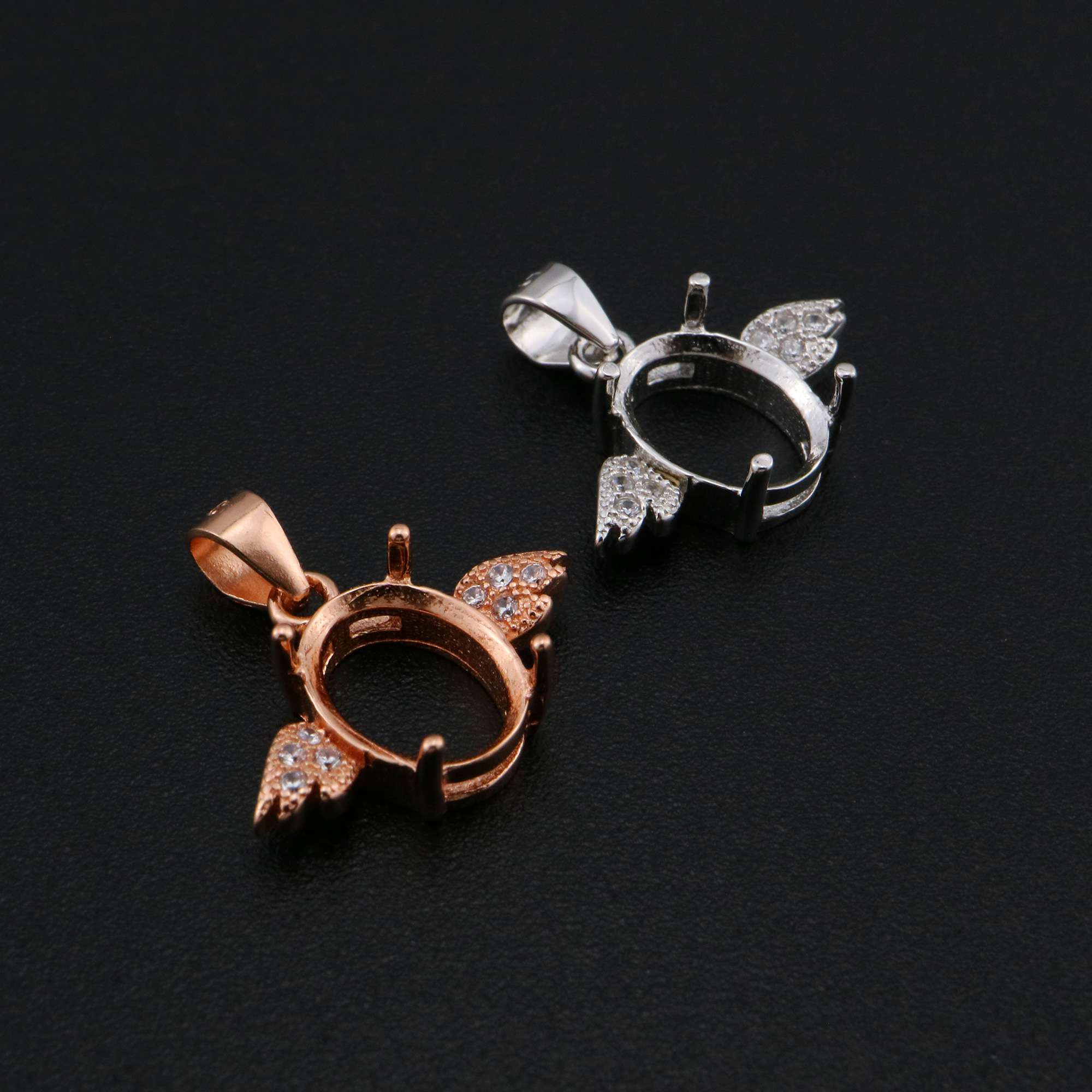 Oval Prong Settings Angel Wing Pendant Rose Gold Plated Solid 925 Sterling Silver Bezel for Gemstone 1421155 - Click Image to Close