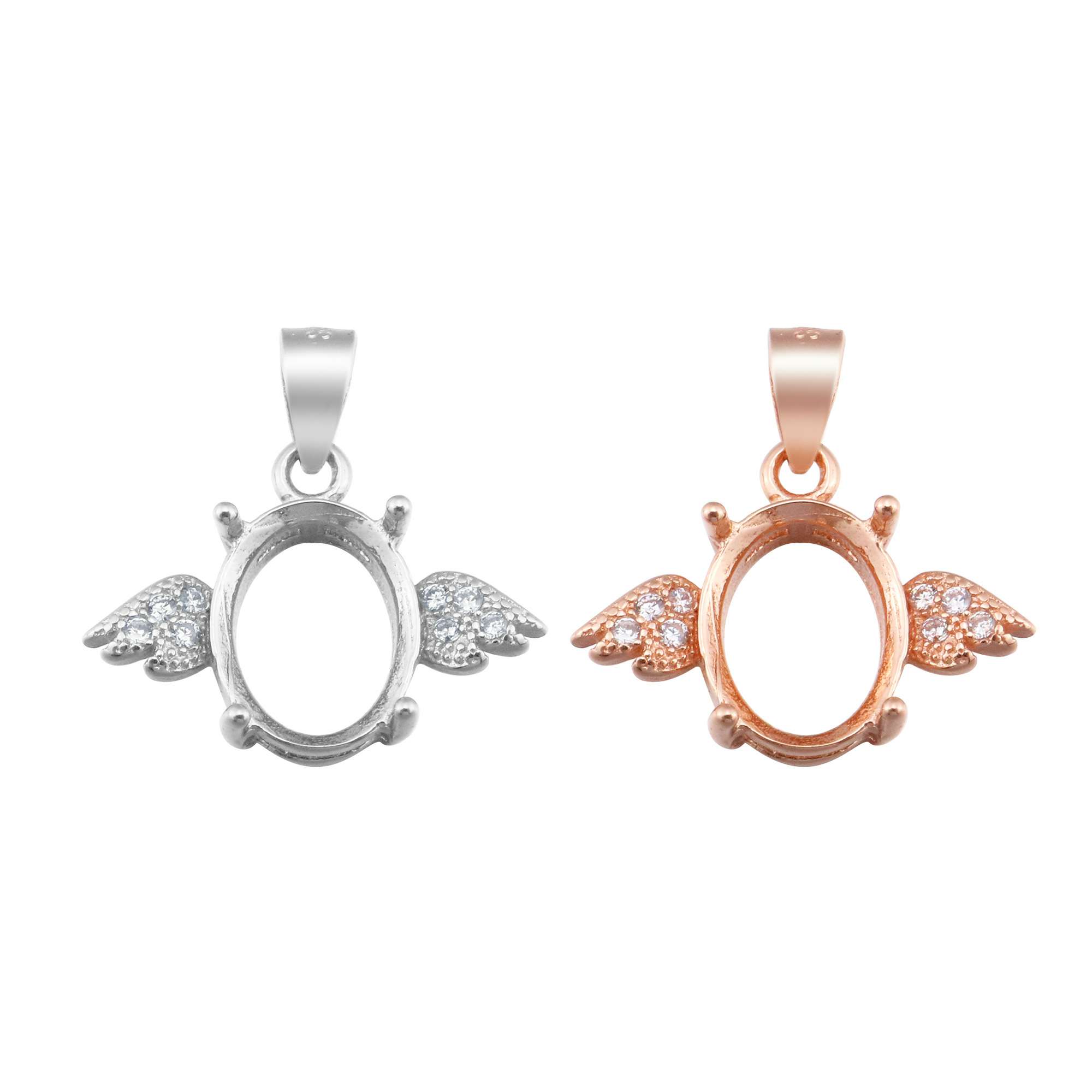 Oval Prong Settings Angel Wing Pendant Rose Gold Plated Solid 925 Sterling Silver Bezel for Gemstone 1421155 - Click Image to Close