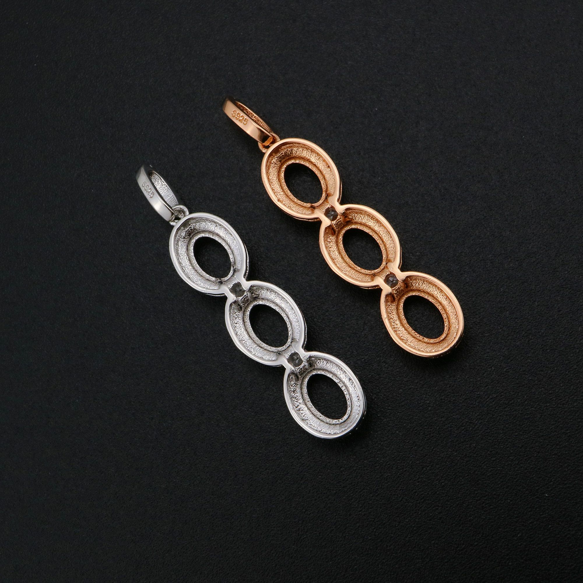 Oval Prong Pendant Settings Three Stones Solid 925 Sterling Silver Rose Gold Plated Charm Bezel DIY Gemstone Supplies 1421162 - Click Image to Close