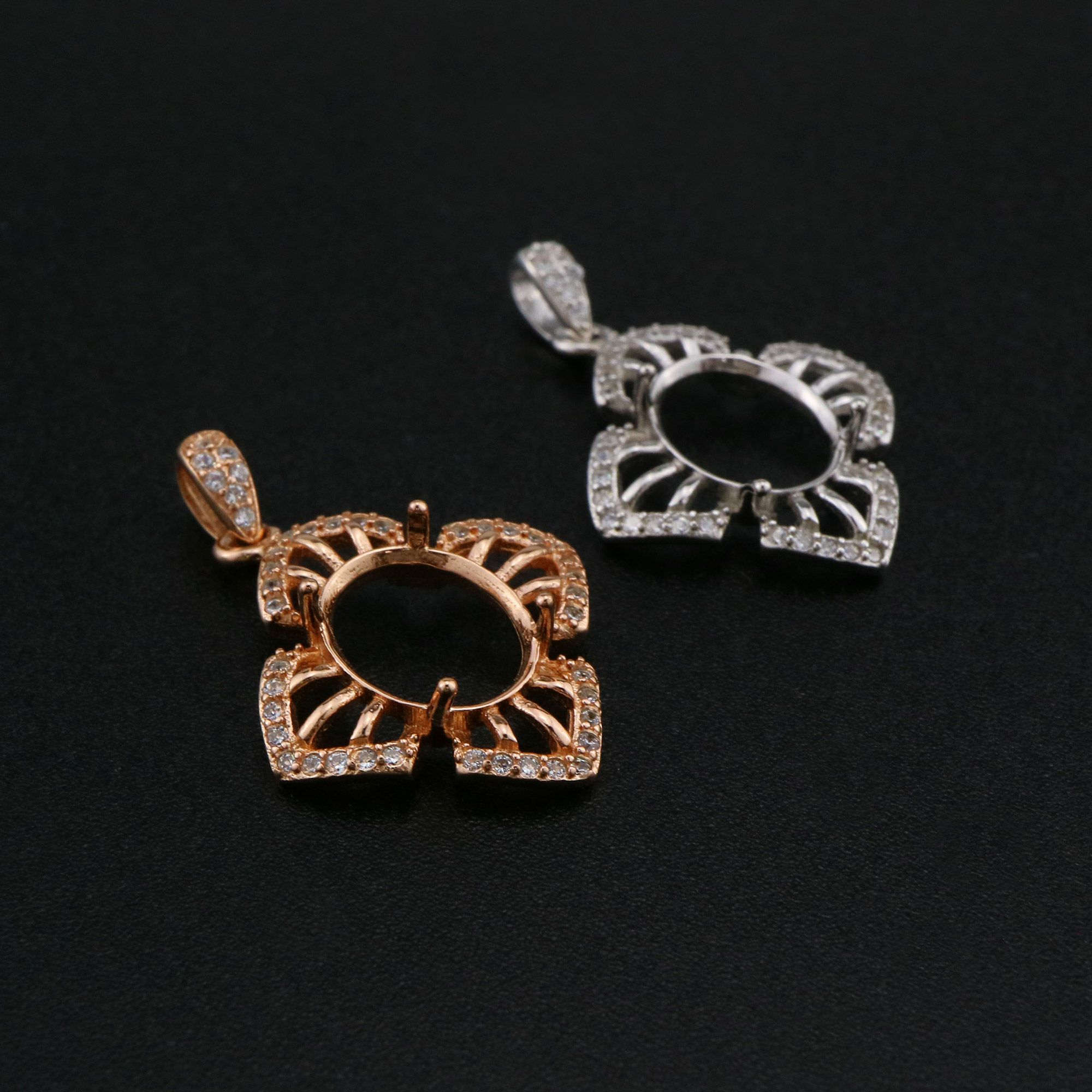 8x10MM Oval Prong Pendant Settings Vintage Flower Rose Gold Plated Solid 925 Sterling Silver Charm Bezel for Gemstone 1421166 - Click Image to Close