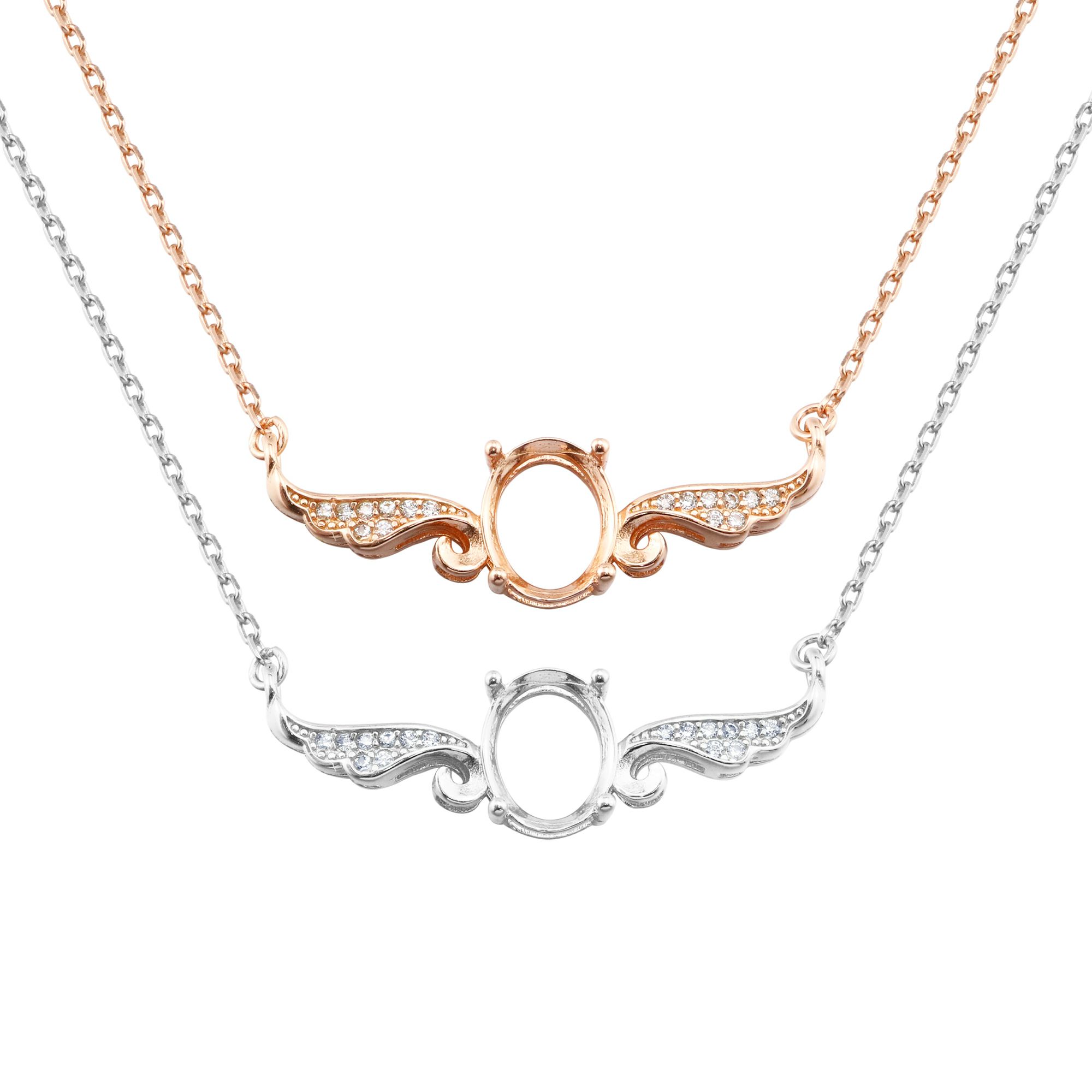 7x9MM Oval Prong Pendant Settings Angle Wings Rose Gold Plated Solid 925 Sterling Silver Charm Bezel with 15''+2'' Necklace Chain 1421167 - Click Image to Close