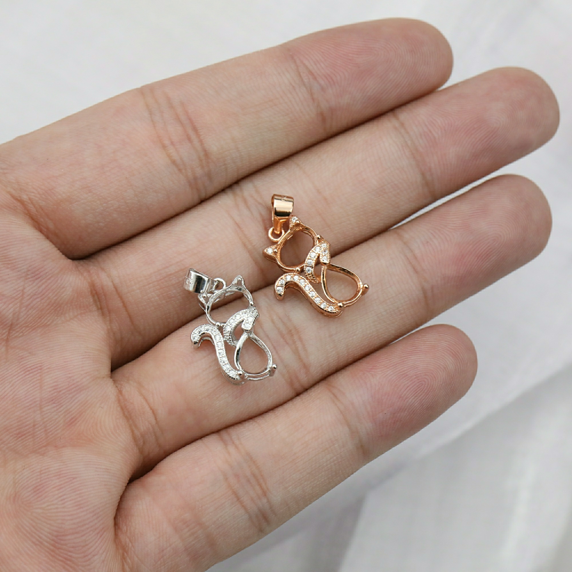 6x8MM Oval Prong Bezel Pendant Settings Rose Gold Plated Solid 925 Sterling Silver Kitty Cat Charm DIY Supplies for Gemstone 1421168 - Click Image to Close