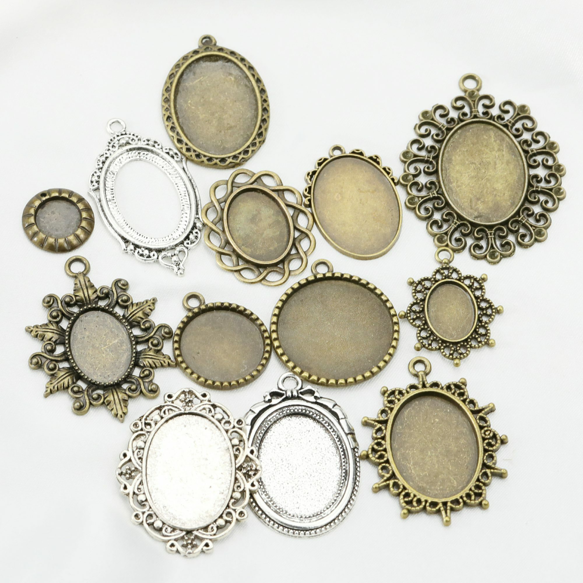 20Pcs Assortment Oval Round Antiqued Bronze Pendant Settings Charm Bezel for Resin DIY Jewelry Supplies 1421181 - Click Image to Close