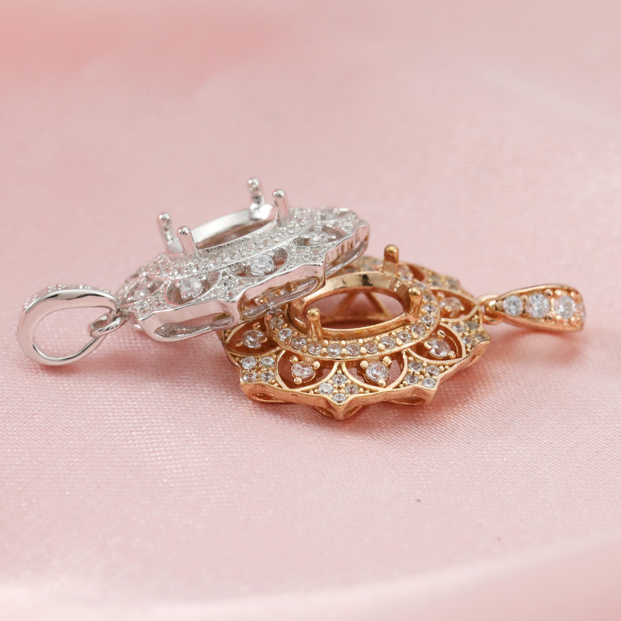 6x8MM Oval Prong Pendant Settings Art Deco Solid 14K 18K Gold Charm Bezel with Moissanite 1421184-1