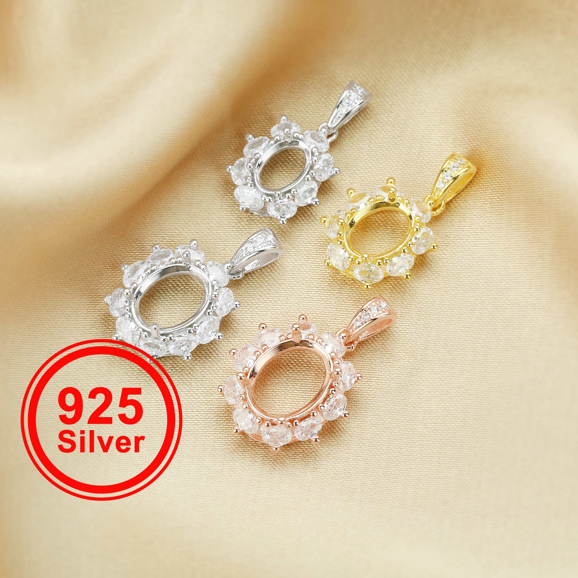 Oval Prong Pendant Settings,Luxury Solid 925 Sterling Silver Rose Gold Plated Charm,Flower DIY Prong Pendant Settings Bezel 1421202