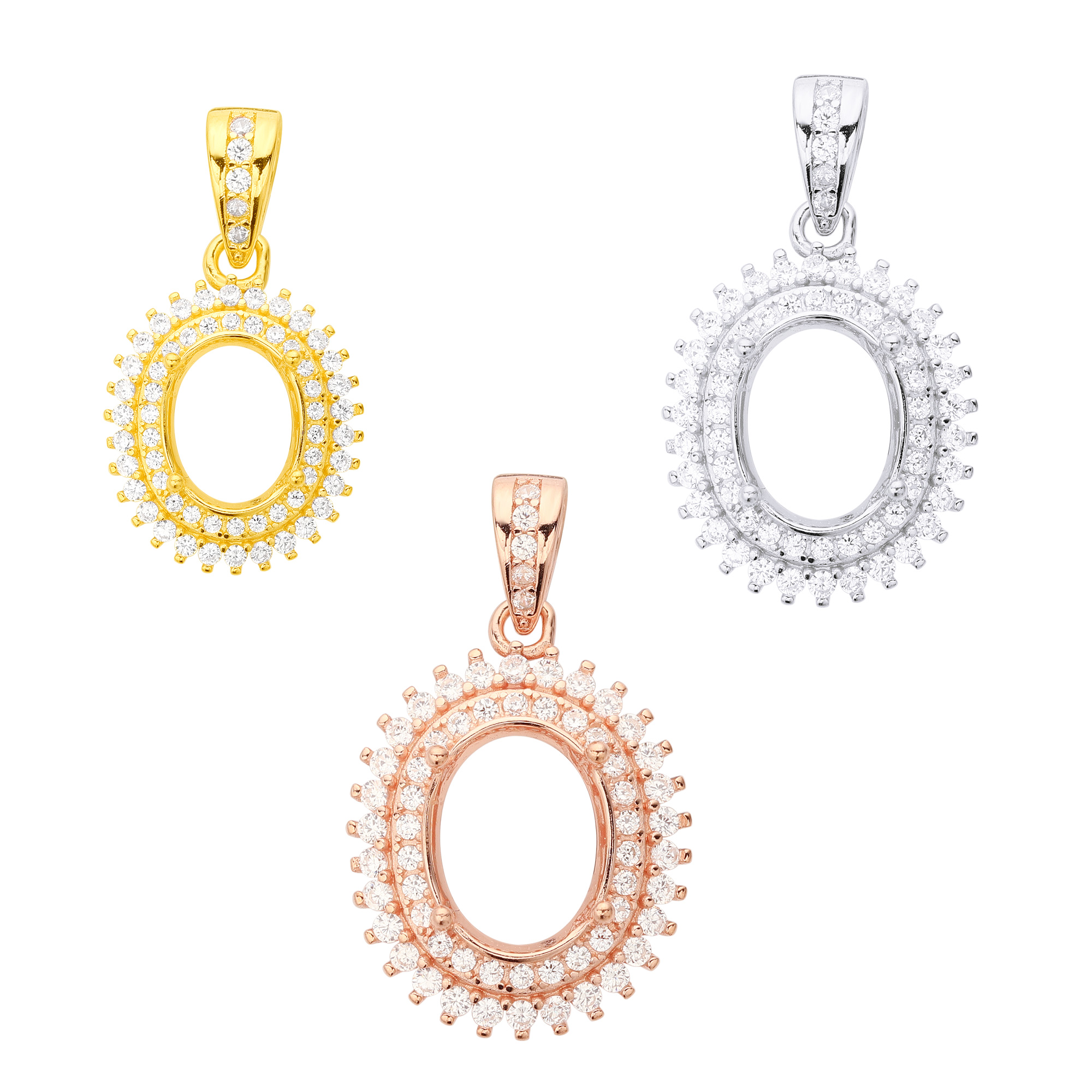 Oval Pendant Settings,Blank Charm Bezel,Double Halo Solid 925 Sterling Silver Rose Gold Plated Pendant,DIY Charm for Gemstone 1421204 - Click Image to Close