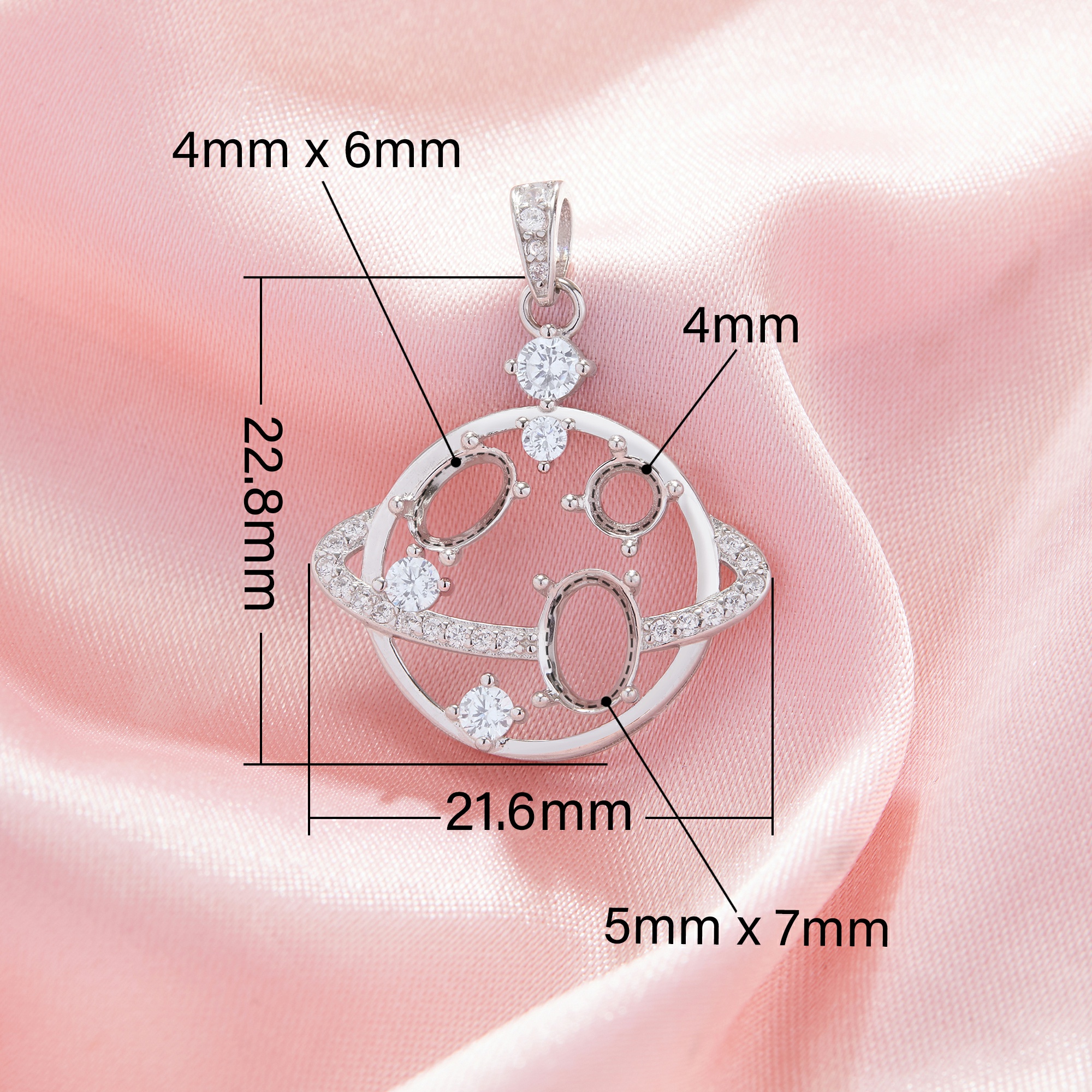 Three Stones Prong Pendant Settings,Space Planet Solid 14K 18K Gold Pendant With 4MM Round,4x6MM Oval,5x7MM Oval Stone 1421265