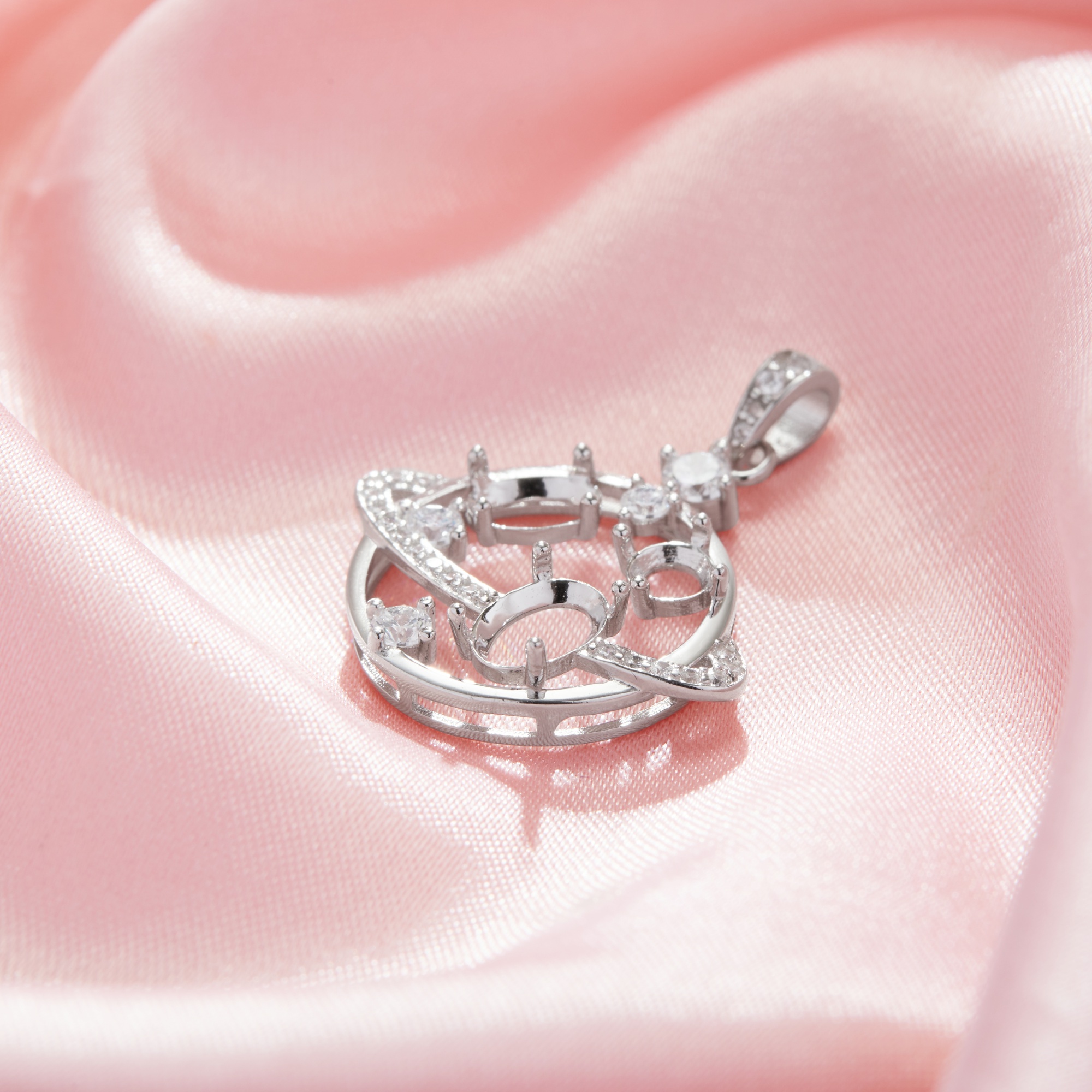 Three Stones Prong Pendant Settings,Space Planet Solid 14K 18K Gold Pendant With 4MM Round,4x6MM Oval,5x7MM Oval Stone 1421265