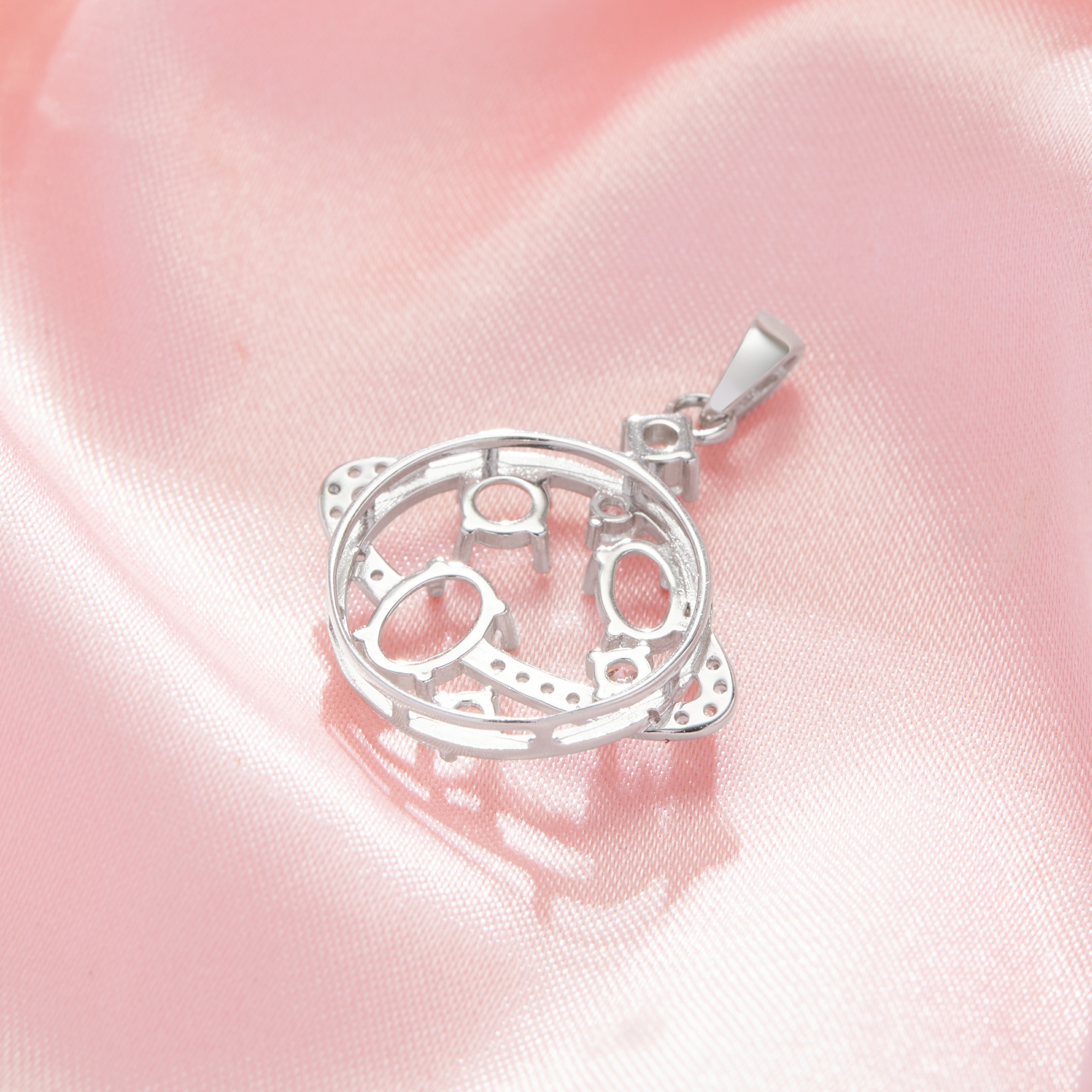 Three Stones Prong Pendant Settings,Space Planet Solid 14K 18K Gold Pendant With 4MM Round,4x6MM Oval,5x7MM Oval Stone 1421265