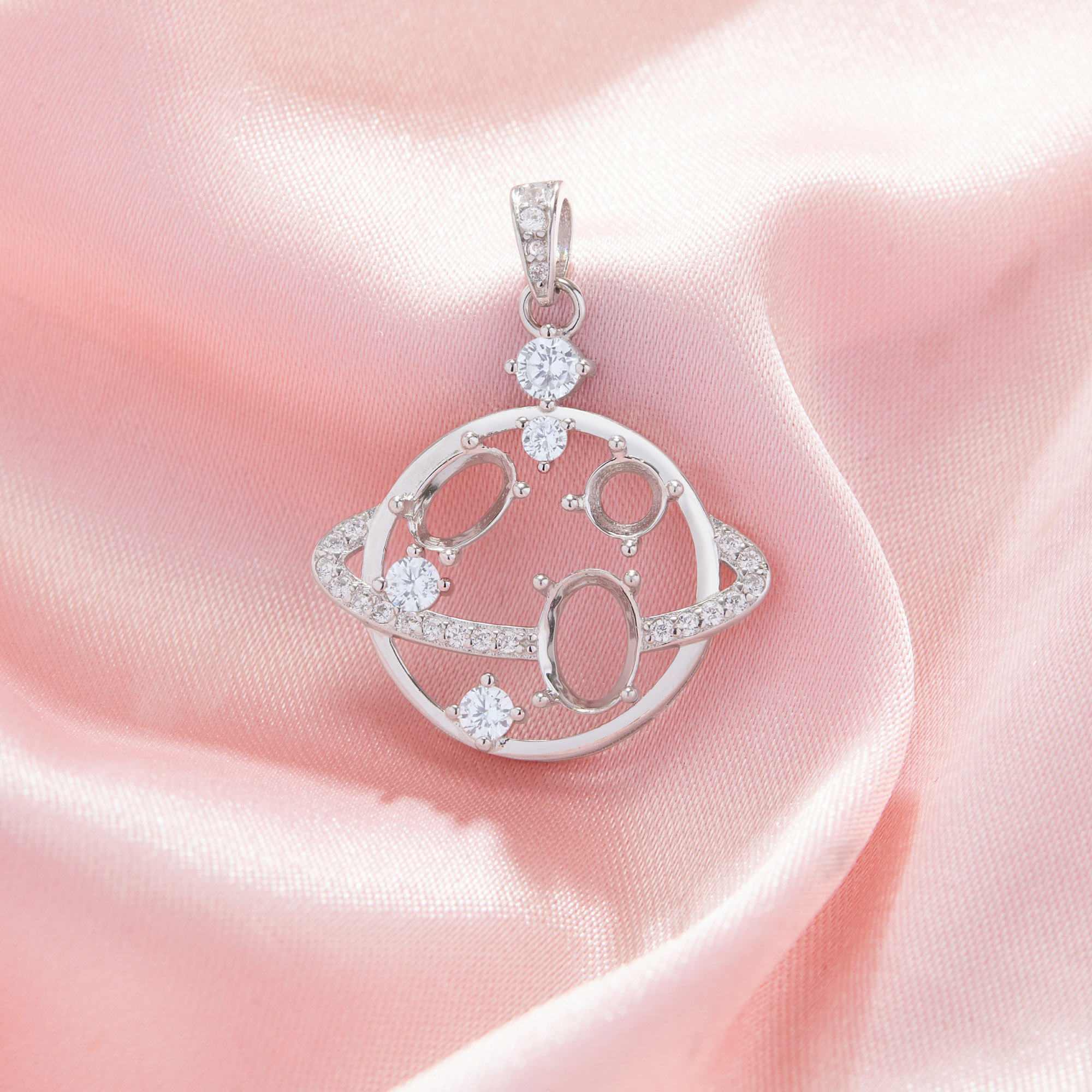 Three Stones Prong Pendant Settings,Space Planet Solid 14K 18K Gold Pendant With 4MM Round,4x6MM Oval,5x7MM Oval Stone 1421265