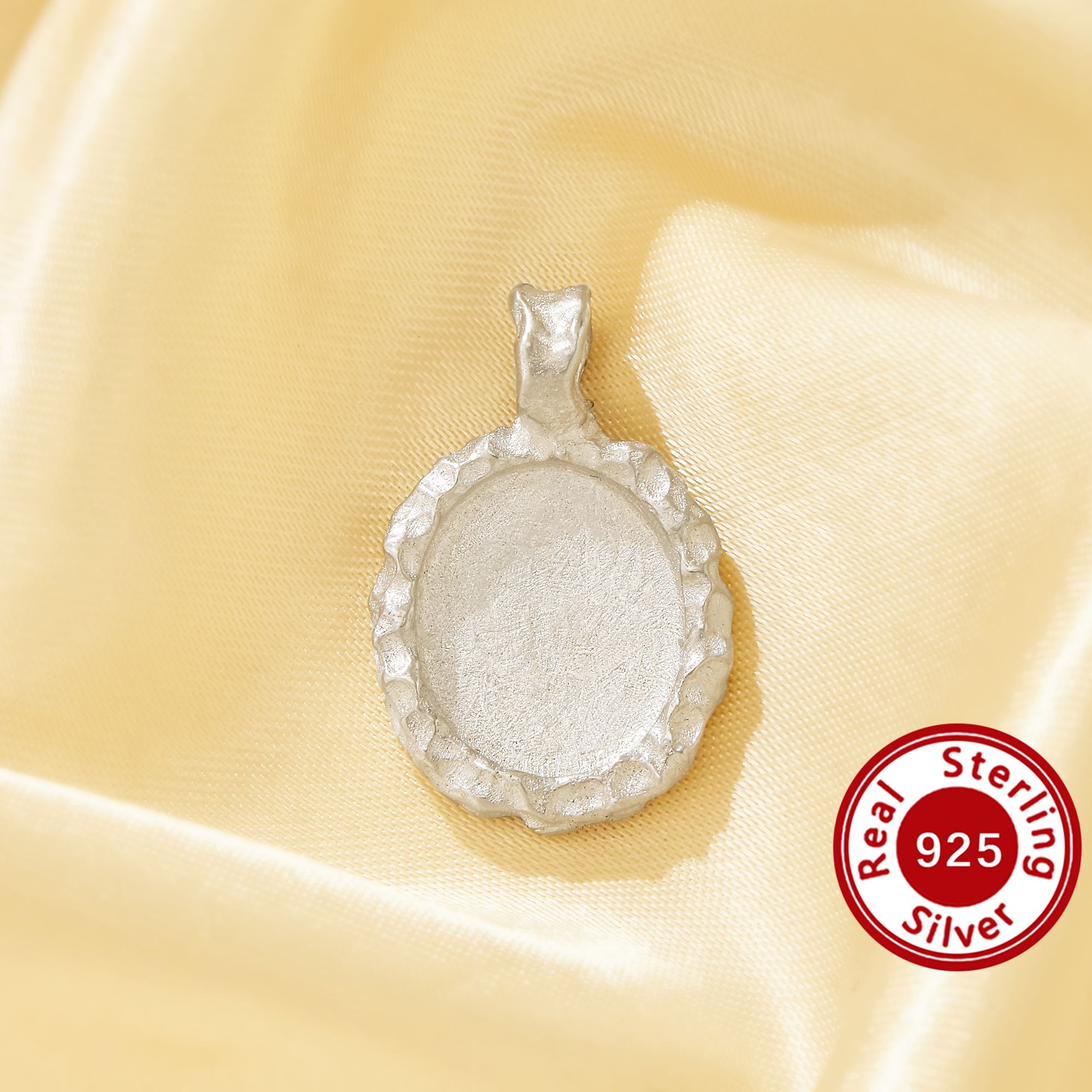 12x14MM Keepsake Mother Milk Resin Ring Bezel Settings,Solid 925 Sterling Silver Oval Pendant Base Plain Silver No Plating Shiny Hammered Design DIY Charm 1421302