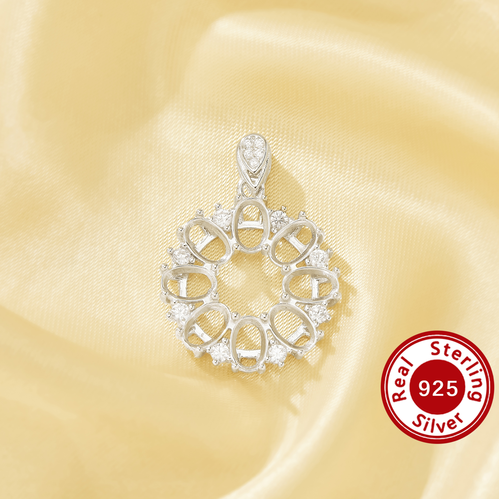 4x6MM Oval Wreath Pendant Bezel Settings, CZ Stone Solid 925 Sterling Silver Sparkling Flower Charm, DIY Pendant Charm Making Crafts 1421329
